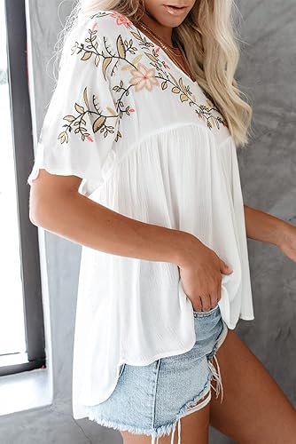 Miniatura 5 de Melliflo Blusas mexicanas bordadas florales con cuello en V para mujer, estilo bohemio, dobladillo alto y bajo, blusas campesinas tipo babydoll