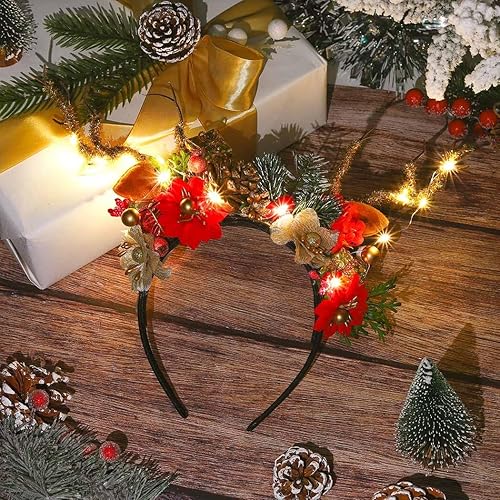 Miniatura 2 de Formery Antlers - Diadema de Navidad iluminada con luces LED, cuernos de reno, con flores brillantes, aro de fiesta de Navidad, para mujeres y niñas