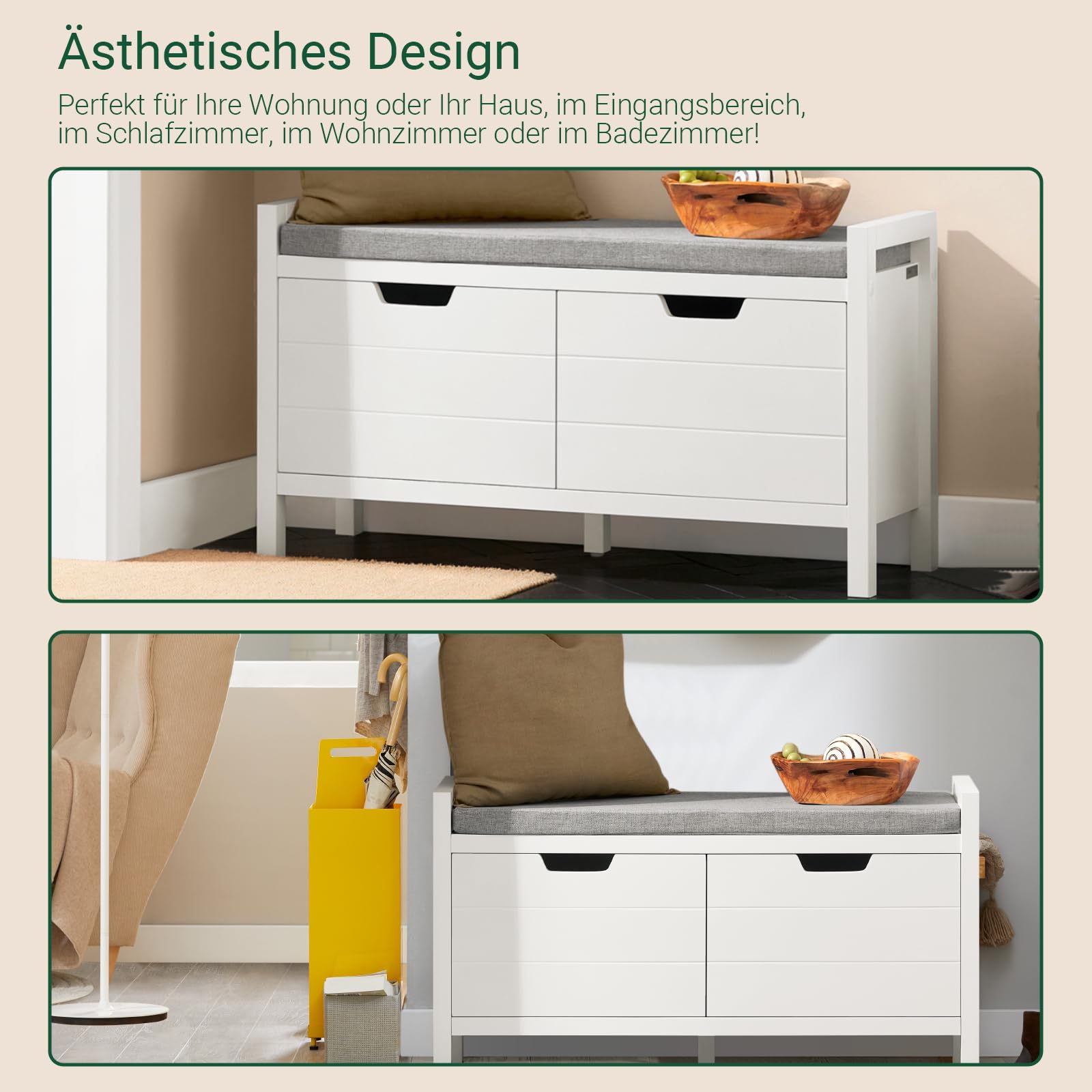 SoBuy Schuhbank mit Sitzfläche und Stauraum – Schuhregal Flur Sitzbank mit Truhe – Gepolsterte Sitzfläche & große Klappe – Für Eingangsbereich & Wohnzimmer – Weiß MDF 91x30x50cm FSR63-II-W
