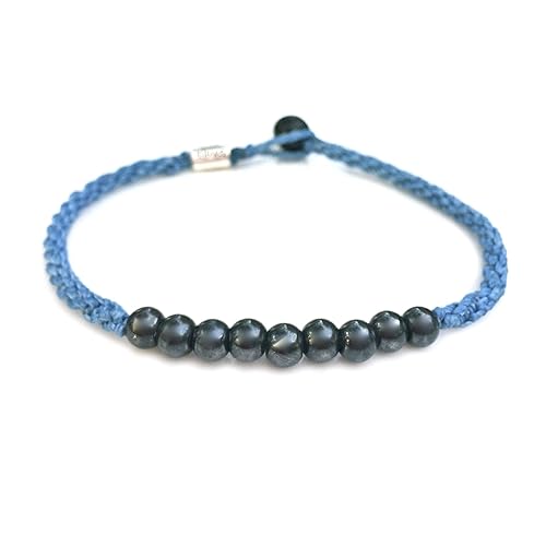 Anklet with Beaded Hematite Stones for Men and Women in Blue - Handmade Woven Knot Braided Rope Surfer Beach Jewelry by Rumi Sumaq
