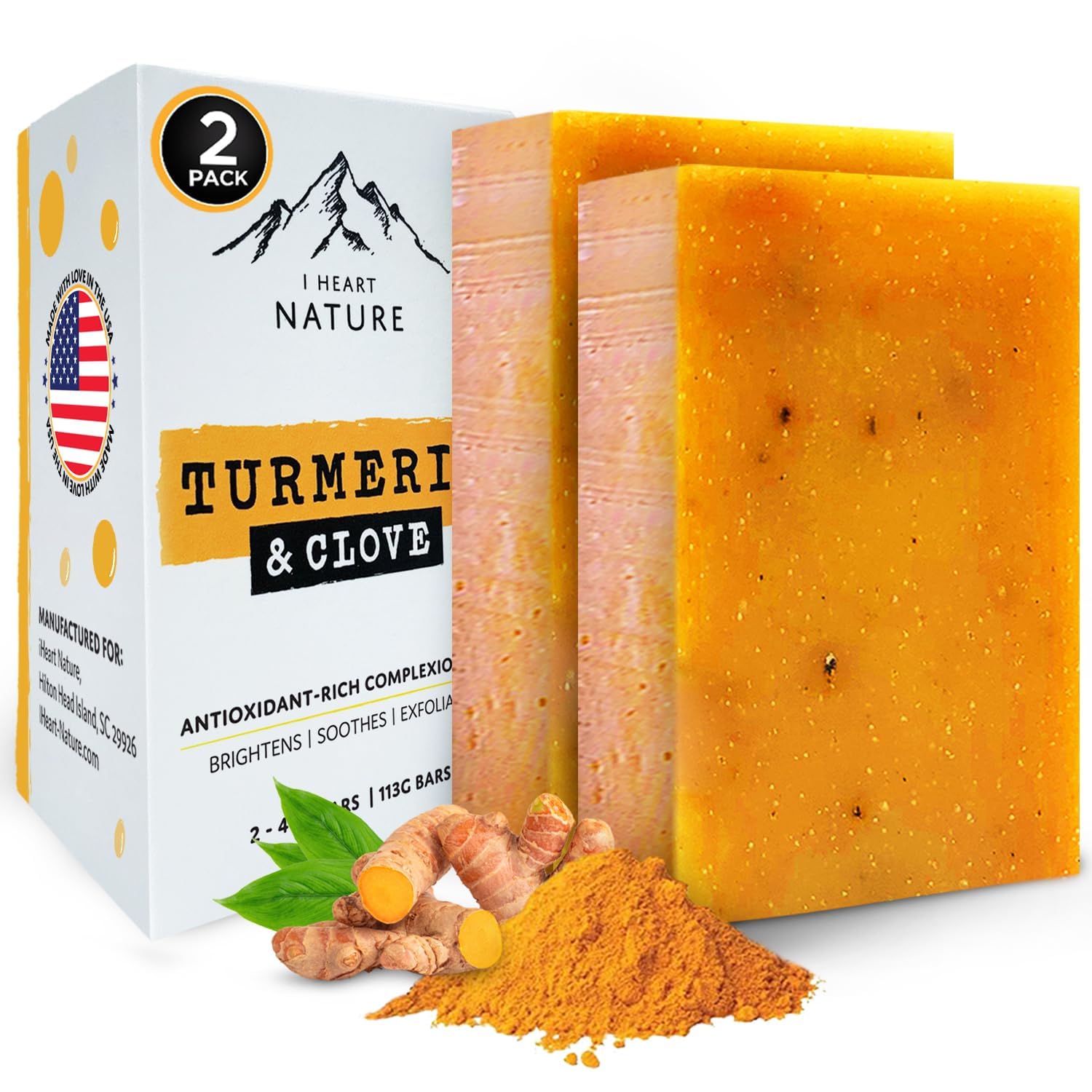 iHeart Nature Turmeric Bar Soap (2-Pack) – Face & Body Cleanser for Dark Spots – Clove Essential Oil, Creamy Aromatic Lather