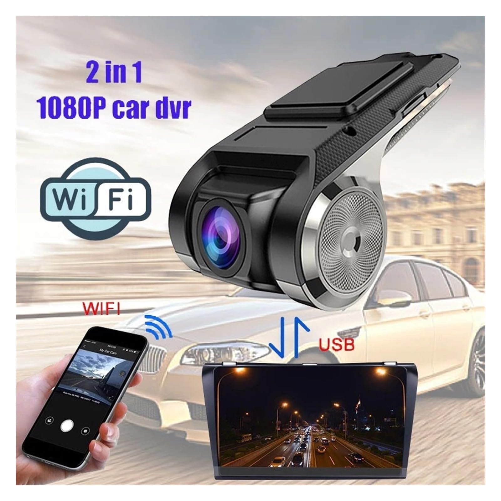 DashCam Videocamera for auto HD 1080P Dash Cam Car Dashcam DVR Video HD USB registratore automatico for lettore multimediale Installazione facile(Only USB DVR)