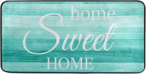 Emelivor Tapete de cocina de girasol lavable, tapete de cocina de madera turquesa para el suelo, hogar, dulce hogar, cojín antifatiga, tapete cómodo