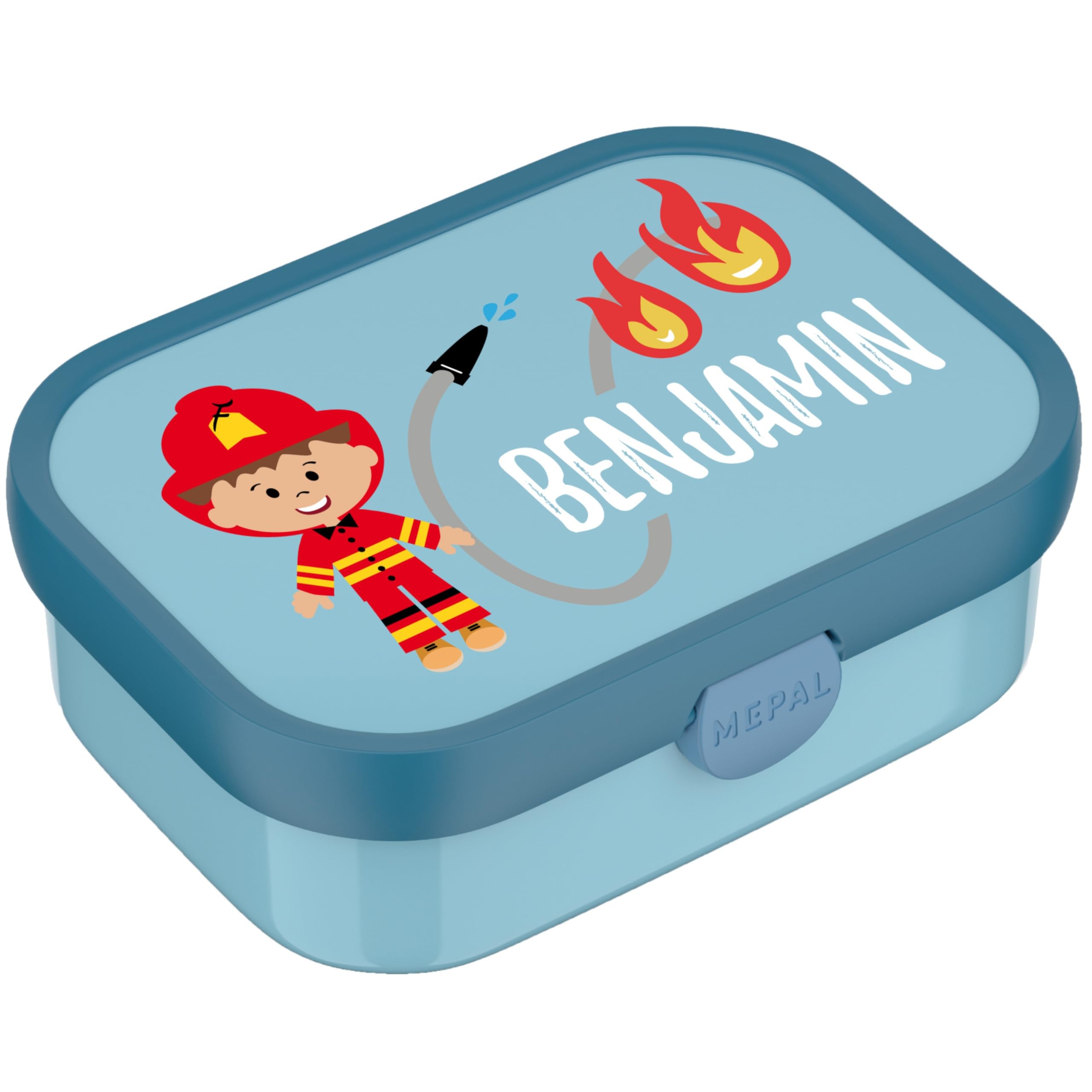 4youDesign | Blaue Brotdose mit Fächern & Trinkflasche -Feuerwehr- personalisiert mit Namen I Campus mit Bento-Box & Gabel Jungen & Mädchen (Cool Blue)