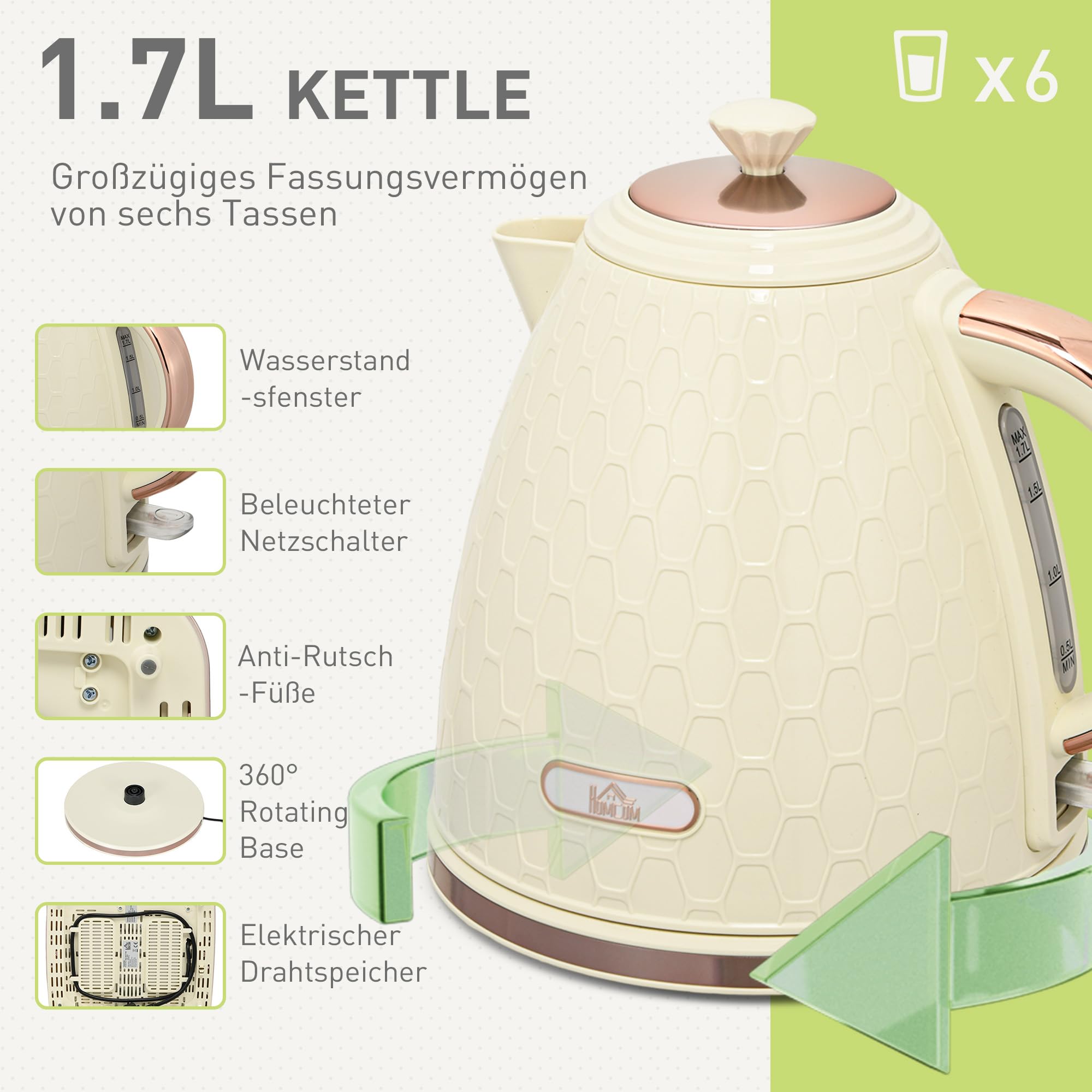 HOMCOM Kettle Toaster Set 1,7L Bollitore 4 fette di pane tostato Set per la colazione con 7 livelli di doratura, spegnimento automatico, funzione di scongelamento e riscaldamento e vassoio