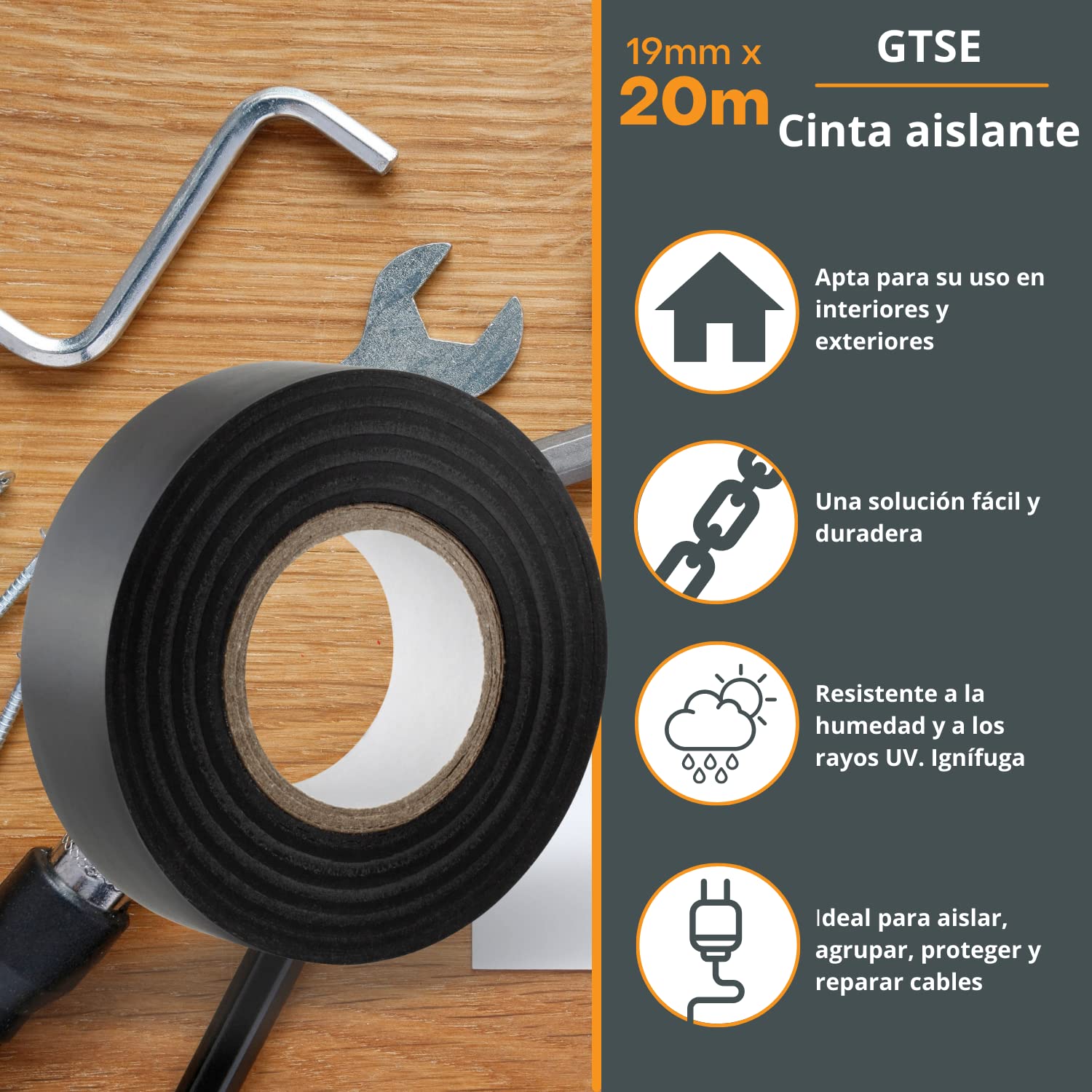 GTSE - Cinta aislante negra de 19 mm x 20 m para instalaciones eléctricas - Autoadhesiva y resistente para proteger, agrupar y reparar cables - 10 Rollos