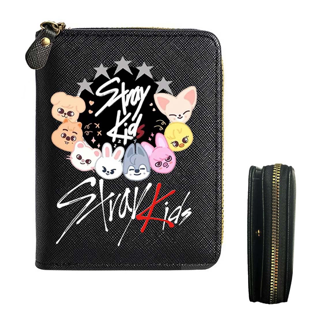 Cartera Negra De Stray Para Niñas, Cartera De Piel Sintética De Stray Con Cremallera, Skzoo Billetera