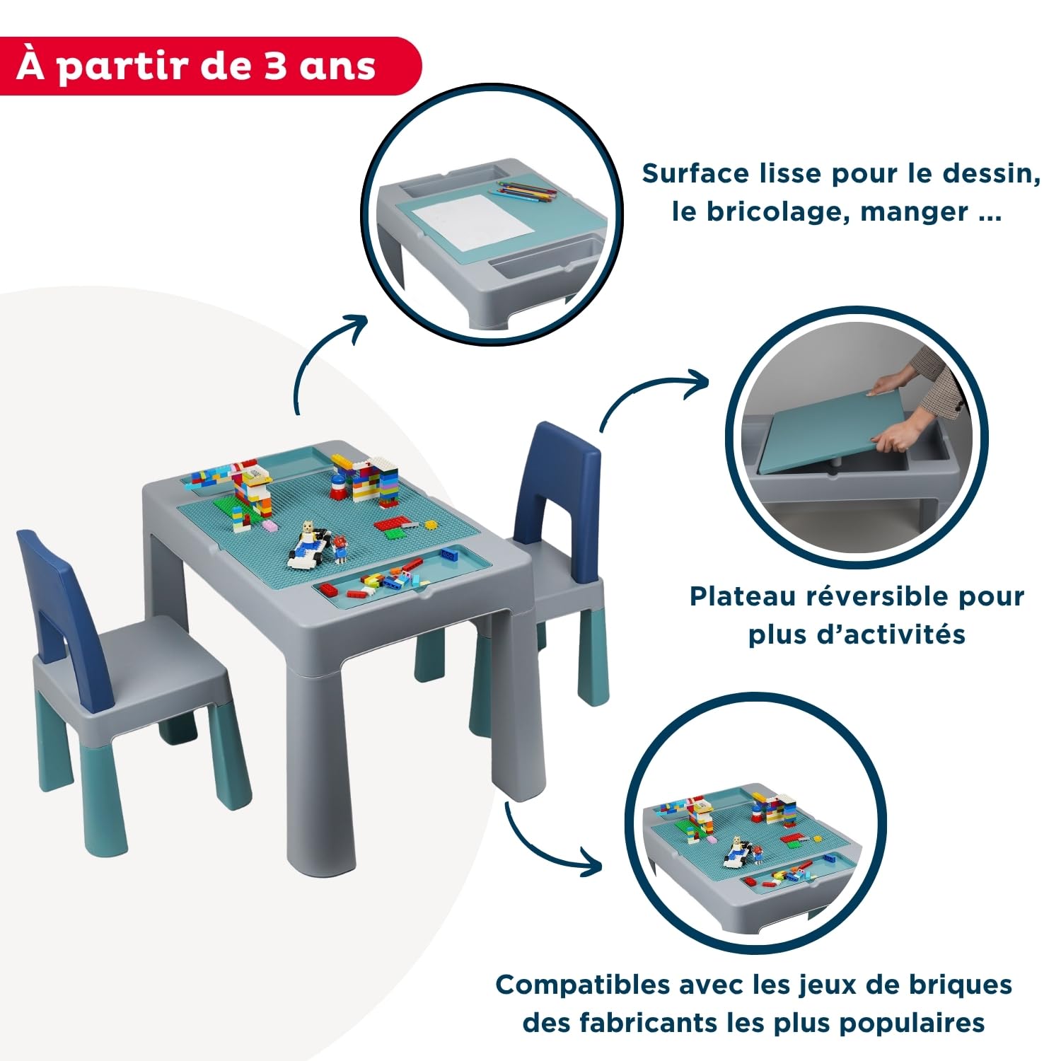 Thermobaby - Table d'activités Multifonction MULTIPLAY - 2 Chaises - Plateau Double Face - Table de Jeu pour Enfant - Bureau Enfant avec Chaises et Rangements - Multifonction intérieur/extérieur