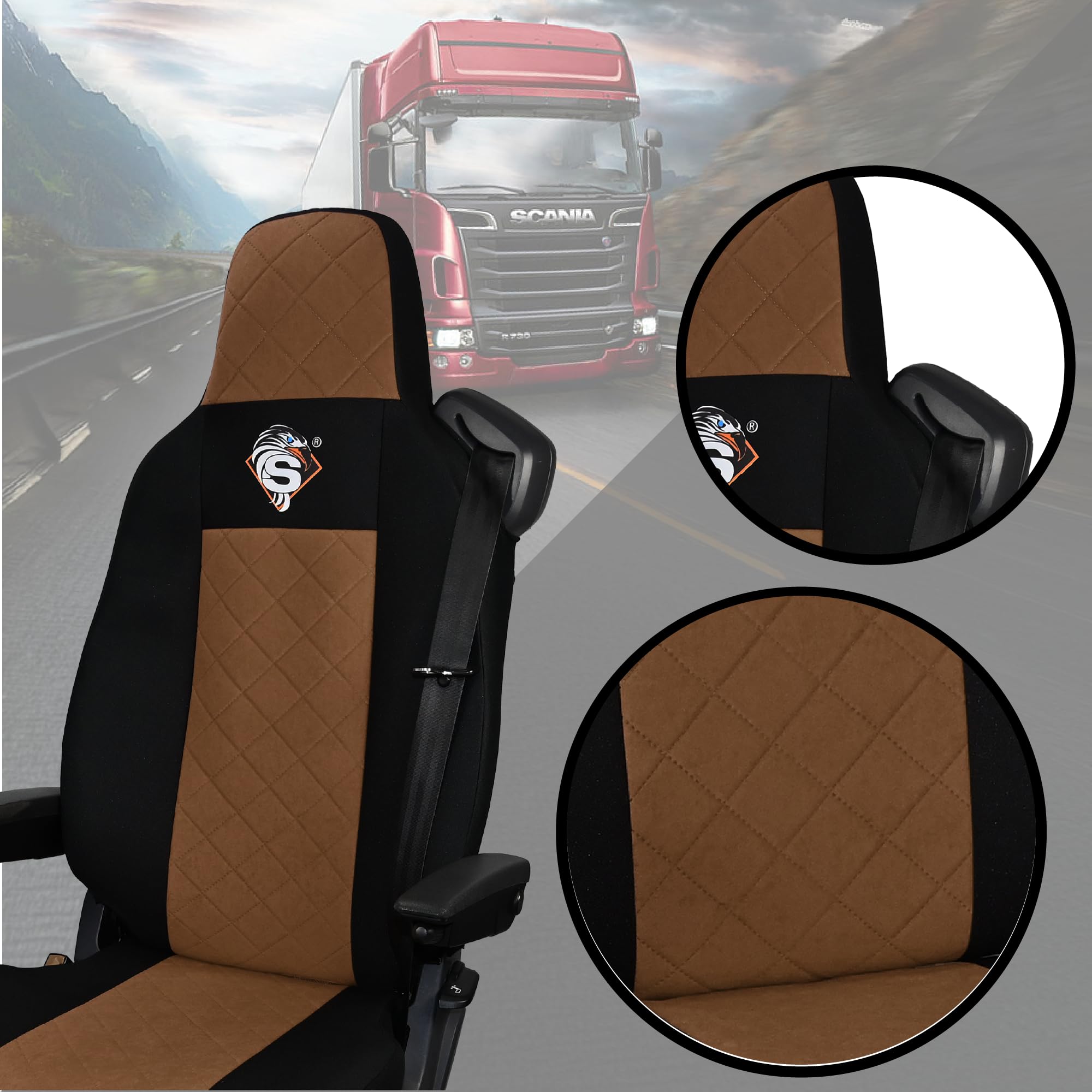 SABA Funda de Asiento para Scania Serie R Desde 2013, Serie S Desde 2017, Asientos Individuales, Asiento del Conductor Premium - CONFIGURACIÓN B Marrón Accesorios de protección