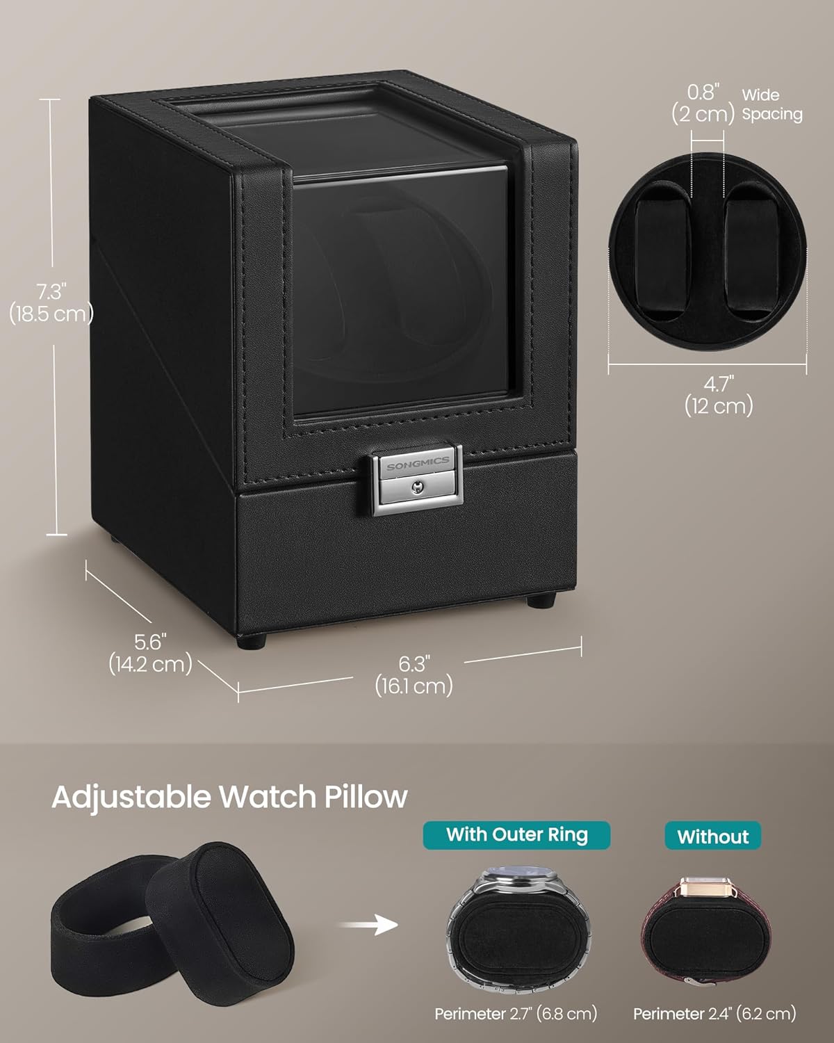 Watch winder dimensions and adjustable pillow details