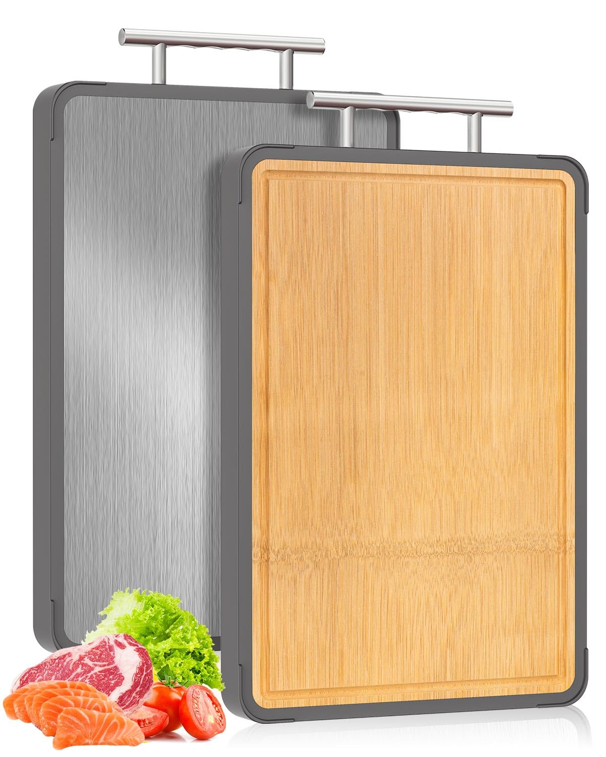 Cutting Boards for Kitchen - Food Grade Double Sided Pure Titanium& Bamboo Chopping Board with Handle, Slip resistant Non-toxic Charcuterie Board Housewarming Gifts (16×11)