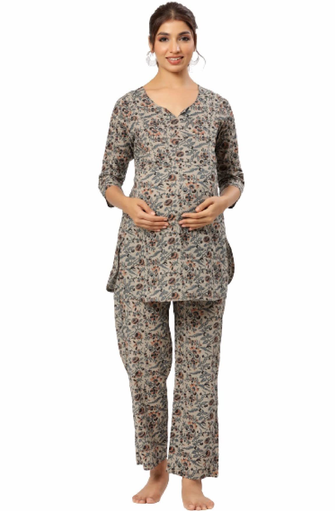 Pre & Post Maternity / Nursing Wear Hand Printed Night Suits / Night Dress with Both Sides Zipper for Easy Feeding for to Be Moms & Nursing Mothers – Pure Cotton – Grey Green-image-47