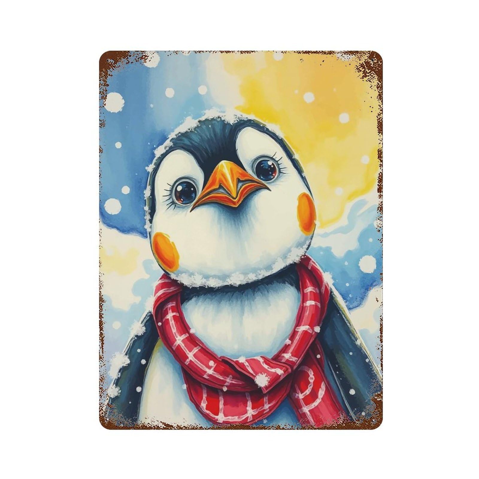 Rust Effect Cute Penguin in Winter Aged Metal Wall Plaque 15.7"x11.8", Classic Wall Plaque for Basement, Hobby Room And Garage Decor
