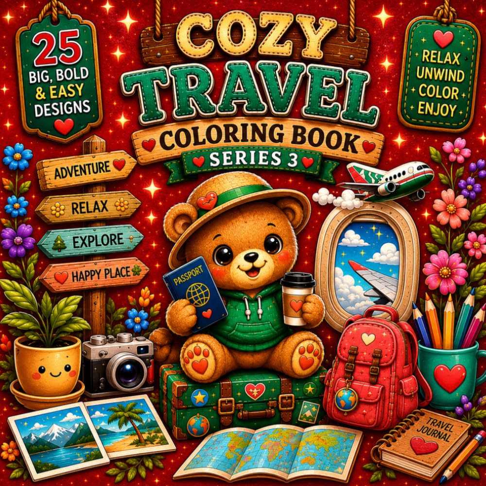 Cozy Travel Coloring Book: 25 Big Bold & Easy Illustrations for Relaxation and Stress Relief