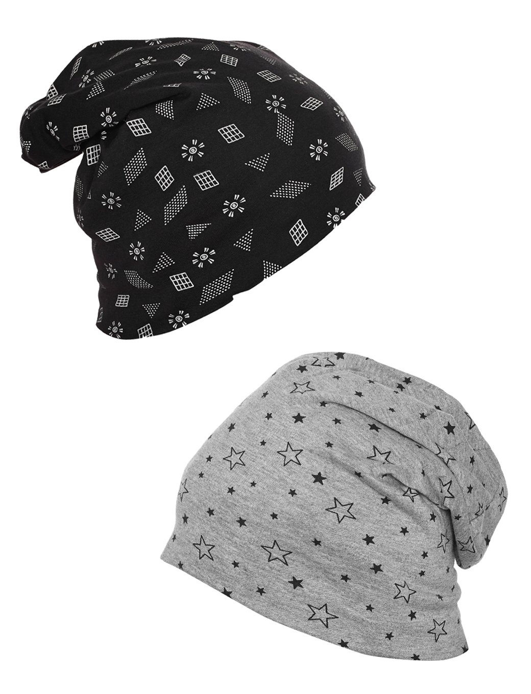 VIMAL JONNEY Cotton Printed Black And Printed Melange Grey Beanie Cap For Women(Pack Of 2)-Cap_Prt_No.2_Bl_Prt_No.1_Ml_02, Assorted Free Size
