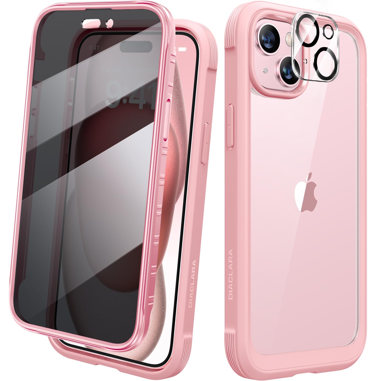 Diaclara Designed for iPhone 15 Case 6.1 Inch,Upgraded Full Body Rugged Clear Bumper Case with Built-in Privacy Screen Protector for iPhone 15,Pink