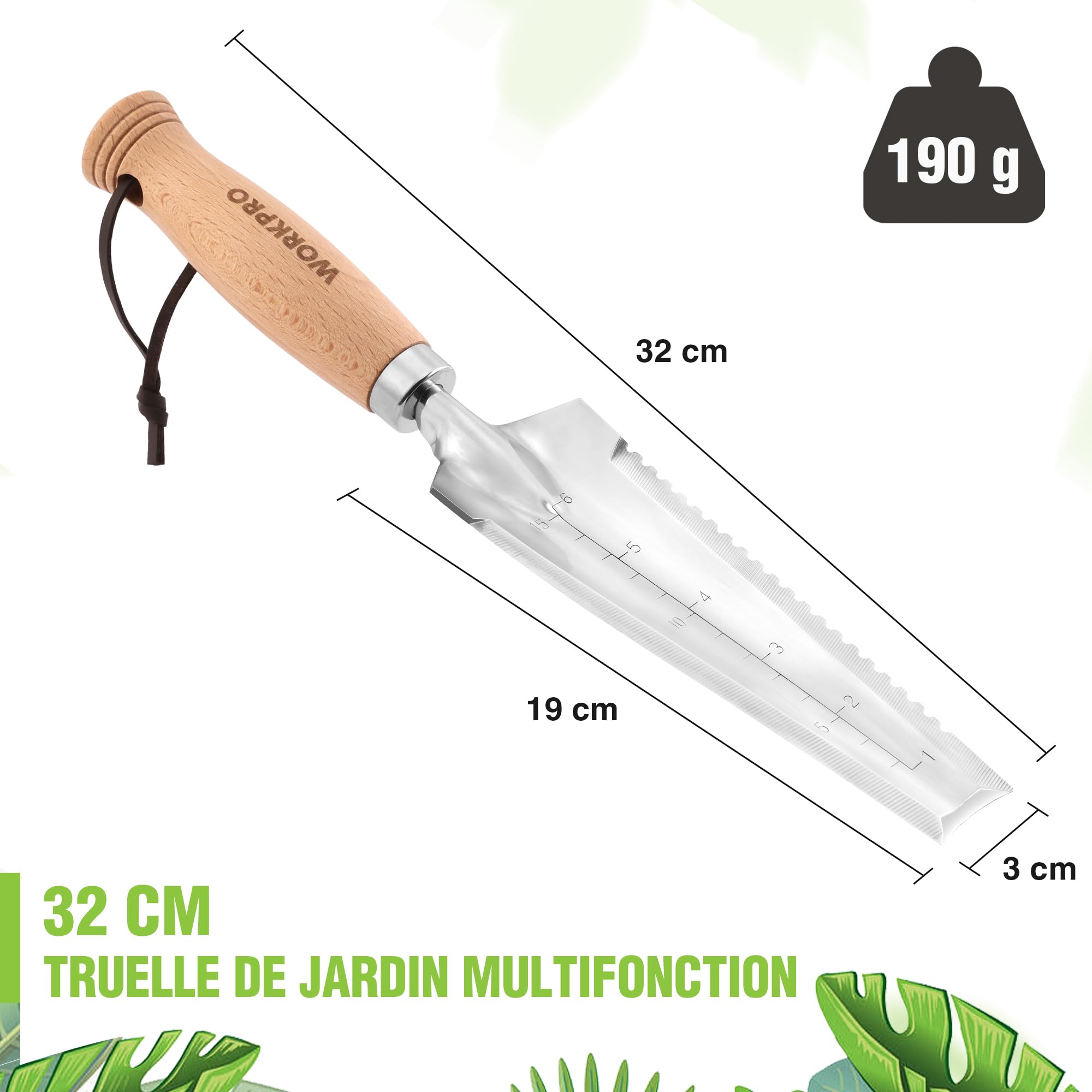 WORKPRO Truelle de Jardin Multifonction Dentelée 32 cm en Acier Inox, Pelle de Jardinage à Main avec Manche en Bois, Outil de Jardinage Polyvalent pour Creuser, Désherber et Mesurer - 3