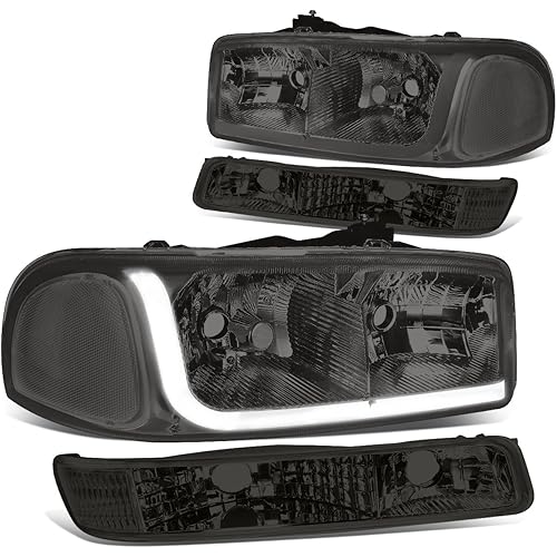 DNA MOTORING HL-LB-SIERRA99-SM-CL1 4PCs LED DRL Strip Headlight+Bumper Lamp Compatible with 99-07 Sierra/Yukon, Chrome Housing Smoked Lens