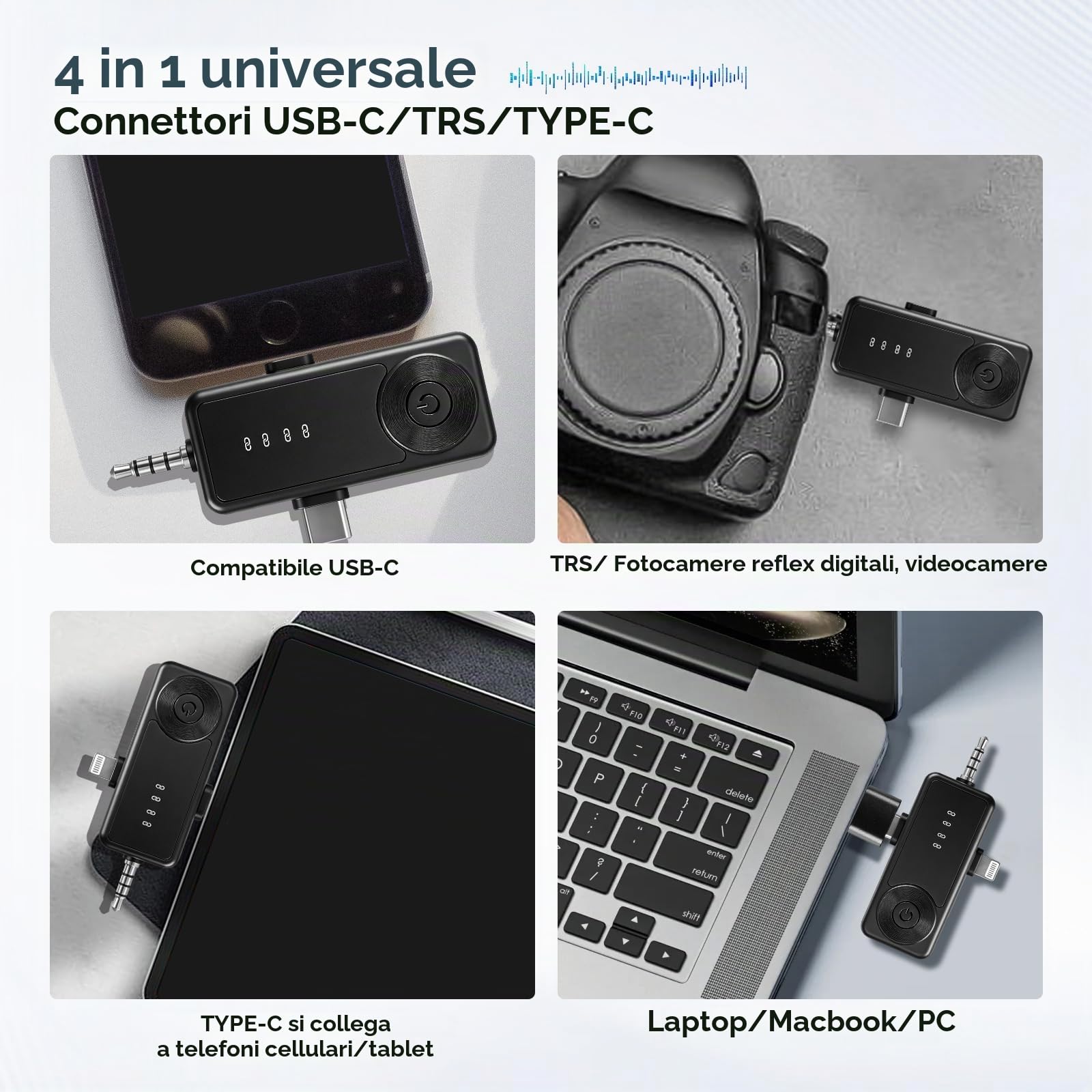 Microfoni Lavalier wireless con display a LED, confezione da 4 microfoni Lavalier con clip per accoppiamento automatico, mini microfono con riduzione del rumore per registrazione video Vlogging TikTok