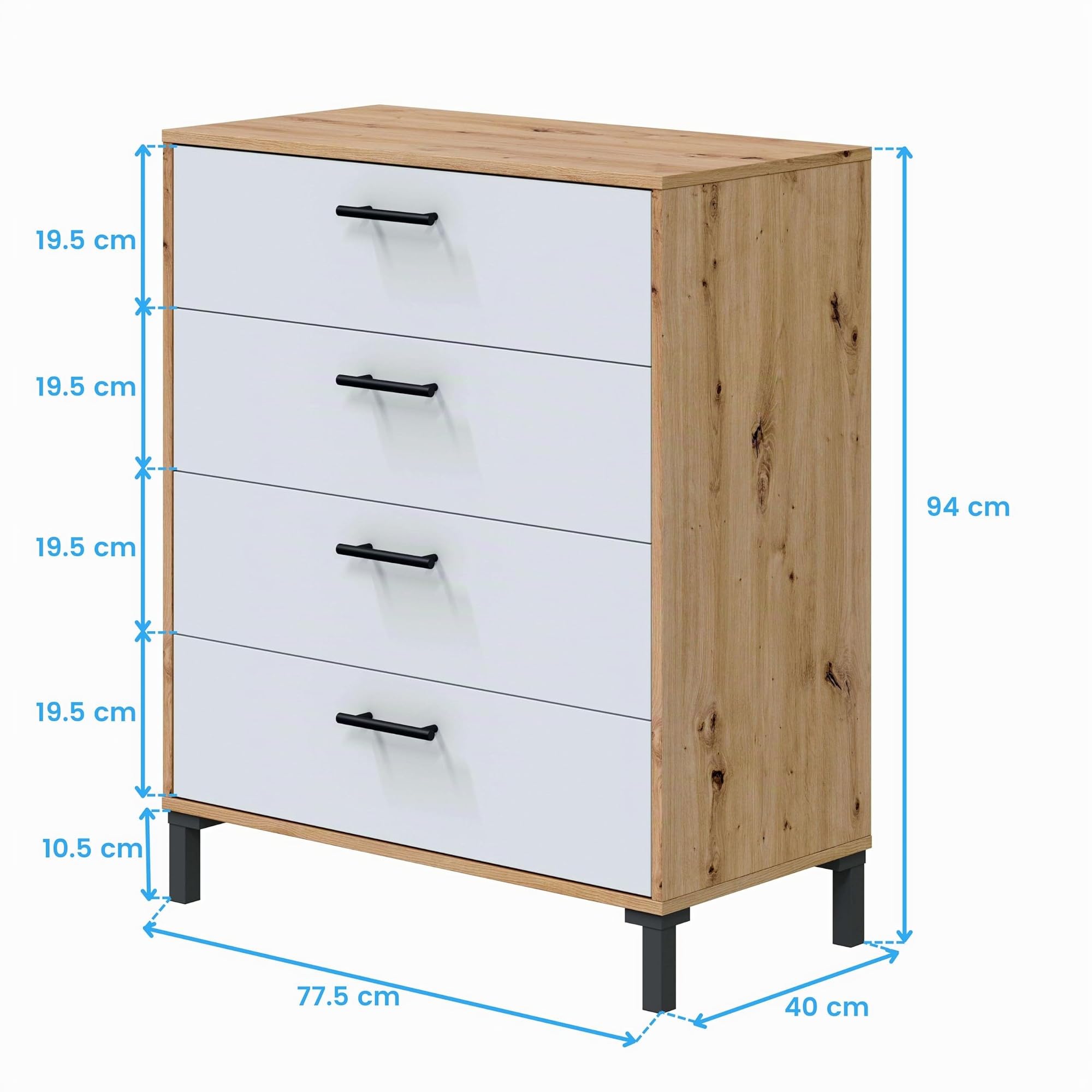 Bricohabitat Cómoda Dormitorio Cajonera 4 Cajones Sinfonier Lúmina Blanco Artik y Roble Nodi 78x94x40 cm
