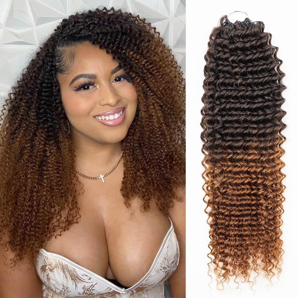 QVR Extensions de cheveux humains afro crépus bouclés au crochet fabriqués à la machine - Brun ombré - 35 cm