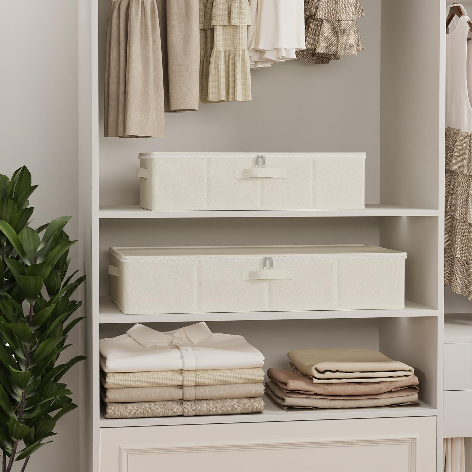 Contenitore Sottoletto, per Coperte, 80x40x15 cm, Beige, Set di 2 | Scatole Pieghevoli Spaziose Portavestiti, Pratici Organizer Sotto Letto, Cassettiera Salvaspazio per Coperte Vestiario
