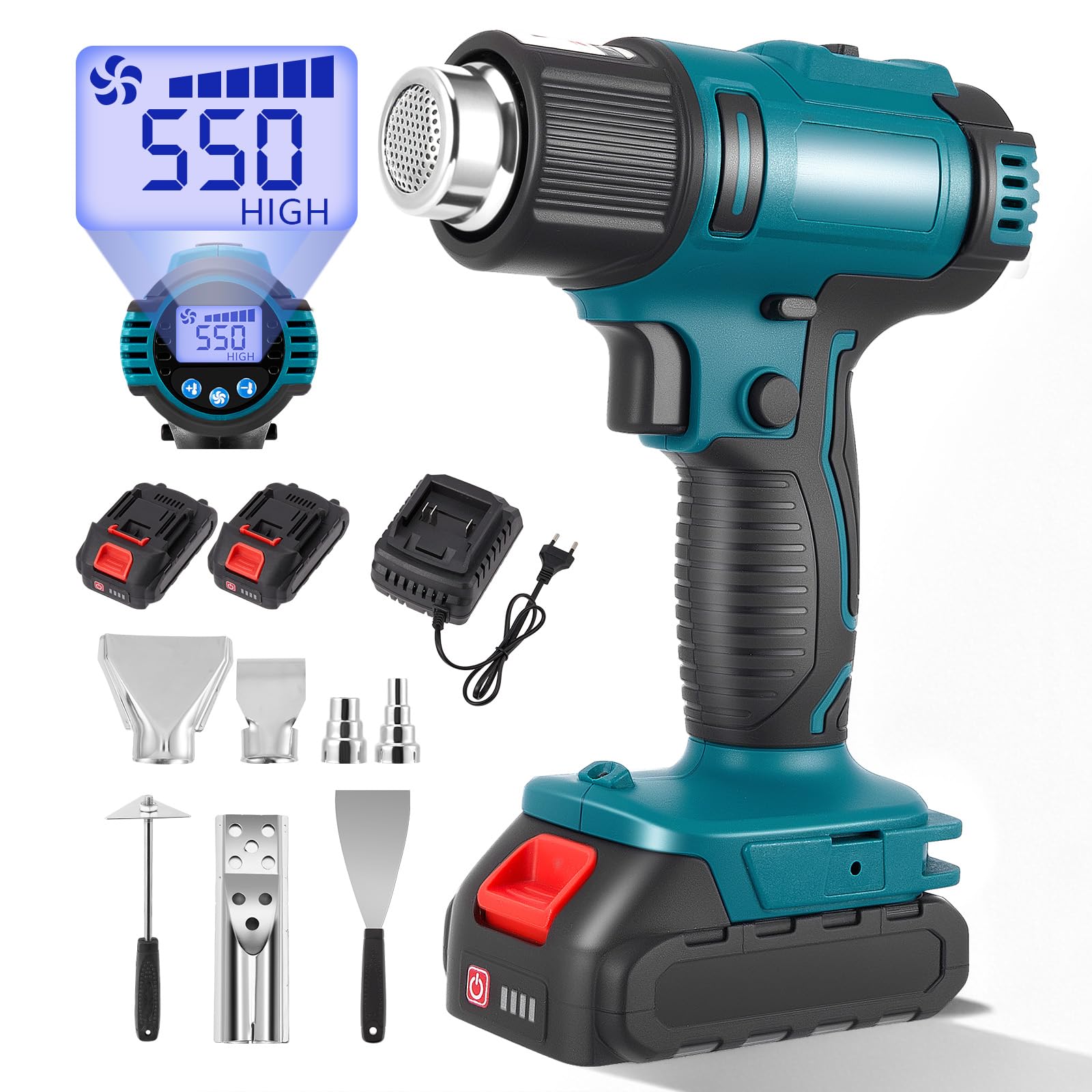 Pistola de aire caliente con batería, calentamiento rápido hasta 550 °C, doble control de temperatura, con pantalla LCD, 5 boquillas y 2 rascadores, ideal para bricolaje y reparaciones (2 baterías de