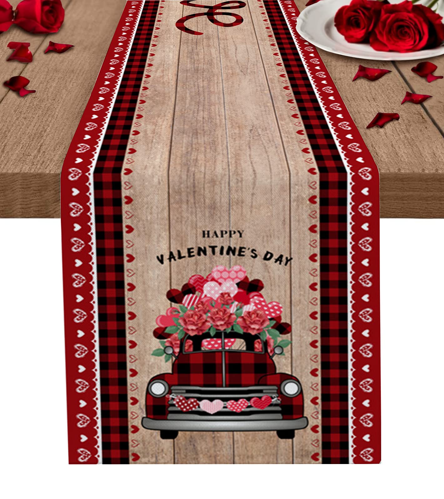 Valentine's Day Table Runner,Buffalo Farm Truck Dresser Scarf Cover,Red Plaid on Brown Wooden Burlap Table Runners for Kitchen,Dining Farmhouse Banquet 13x70in