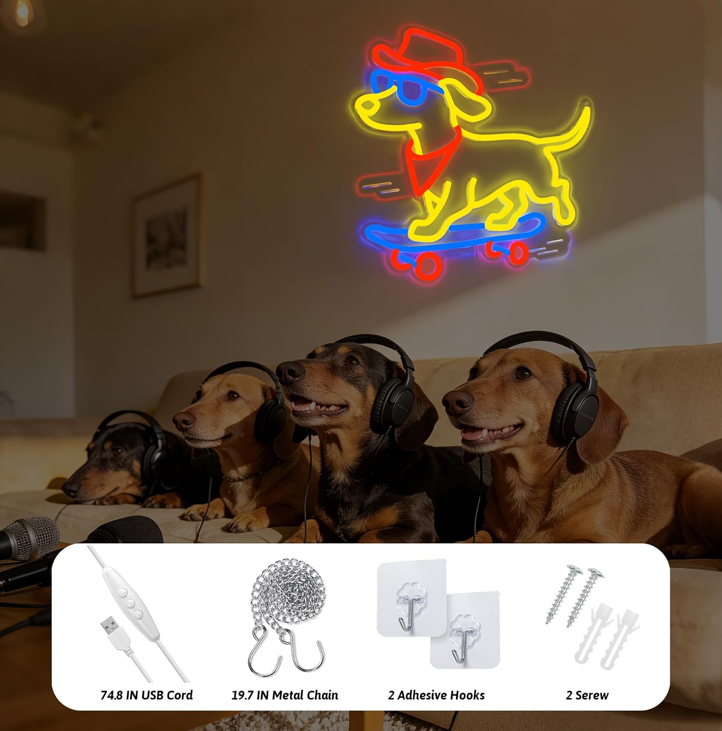 Dachshund Skateboarding Neon Signs for Wall Decor, Cute Dog with Cowboy Hat Led Light Up Sign for Pet Shop Bedroom Home Party Decor, Dimmable Animal LED Sign for Birthday Christmas Gifts