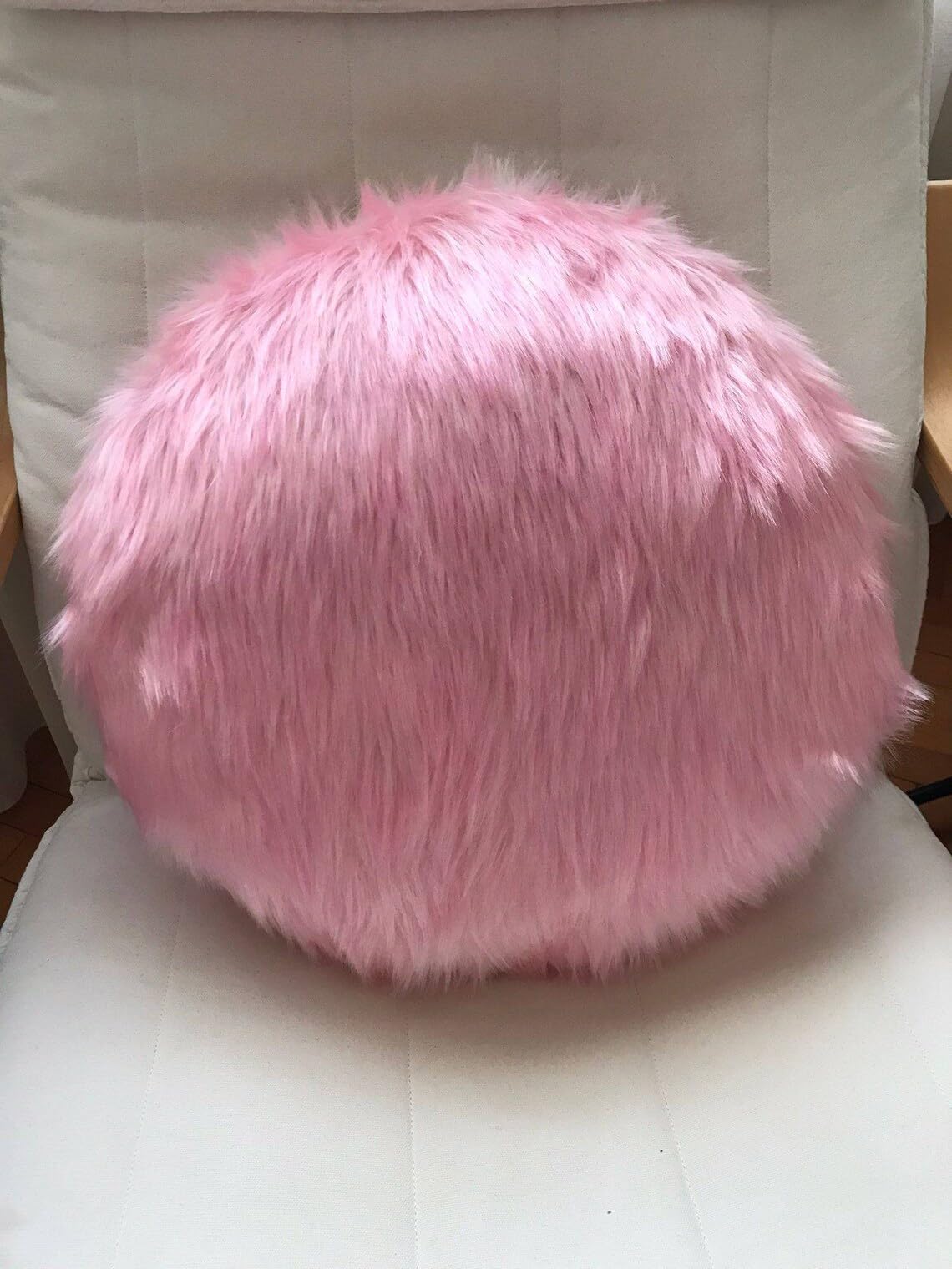 CottonFry Pink Round Faux Fur Pillow Cover, Furry Pillow, Custom Throw Cushion,