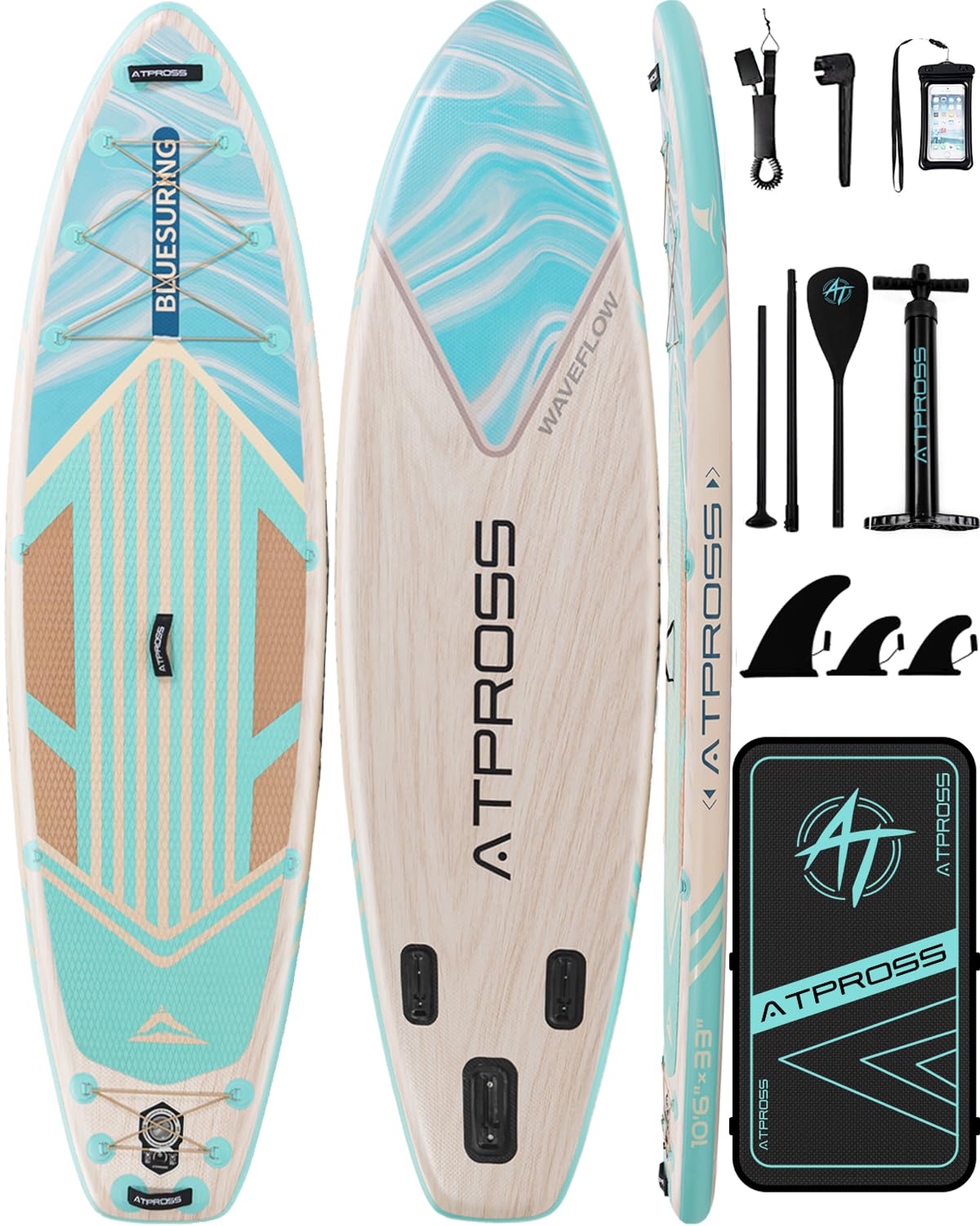 ATPROSS Stand Up Paddling Board, 320cm Stand Up Paddle mit Reichhaltigem Zubehör, SUP Board 200kg Tragkraft mit Eva-Rutschfestem Deck, Aufblasbare Paddleboard Geeignet für Erwachsene