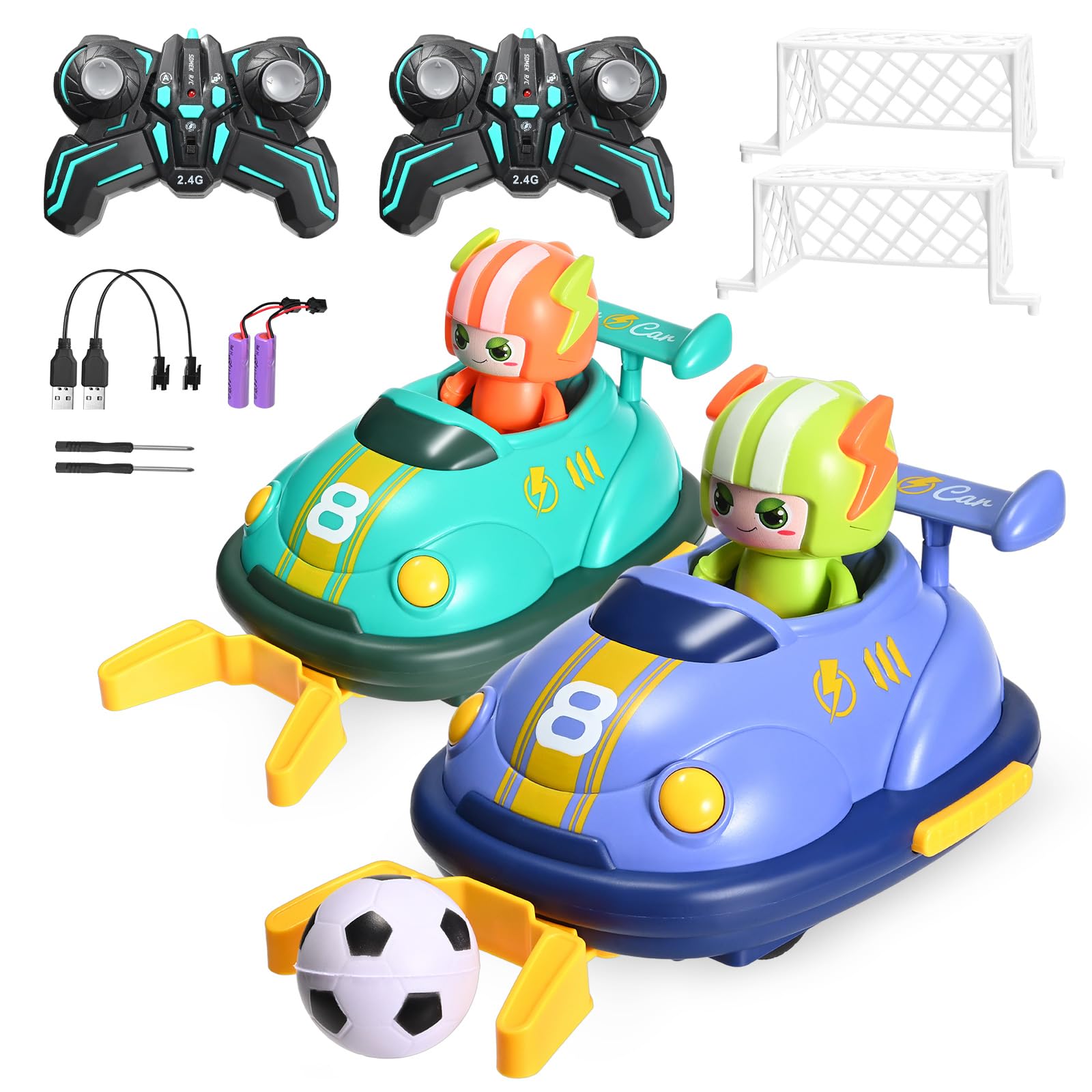 Fushabana Remote Control Cars for Kids 2 Pack, 2.4GHz Bumper Car Toys with Crash to Launch & Soccer Mode, RC Cars with LED Lights Music, USB Rechargeable Boys Toys Age 3-8