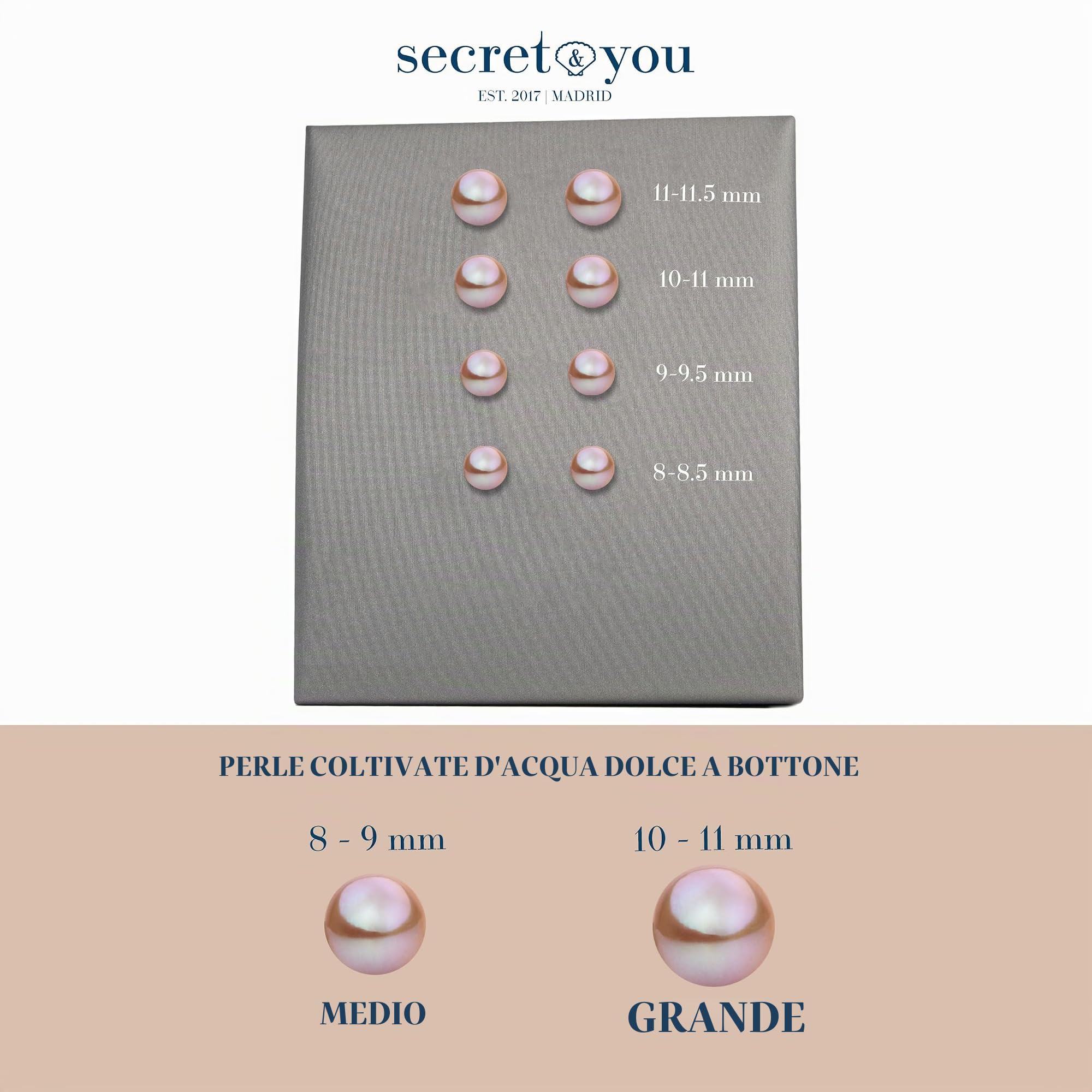 Orecchini da donna di perle bottone coltivate d'acqua dolce in colore rosa lavanda SECRET & YOU - Argento sterling 925 - Disponibile in 4 misure da 8 mm a 11 mm