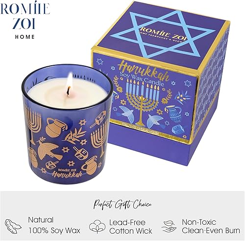 Miniatura 2 de ROMIIE ZOI Vela aromática de Hanukkah  Vela de cera de soja de 6 onzas  Hanukkah  Infundida con aroma de sándalo y bergamota  Caja de regalo azul