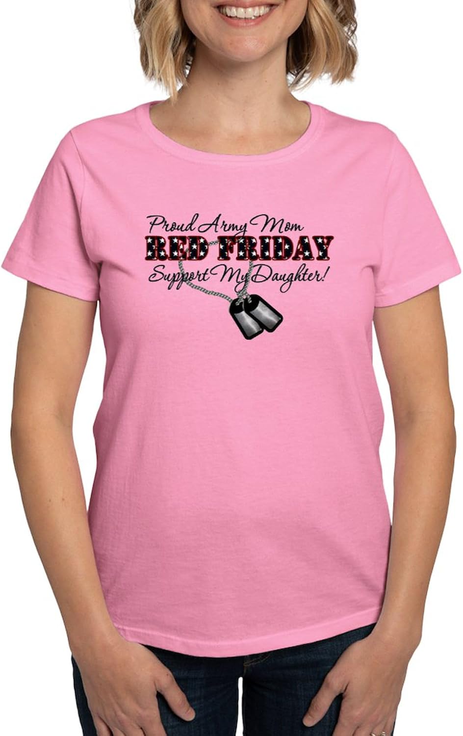 CafePress Proud Army Mom, Support My Daughter Women's Dark Womens Classic Crew-Neck Soft Graphic T-Shirt