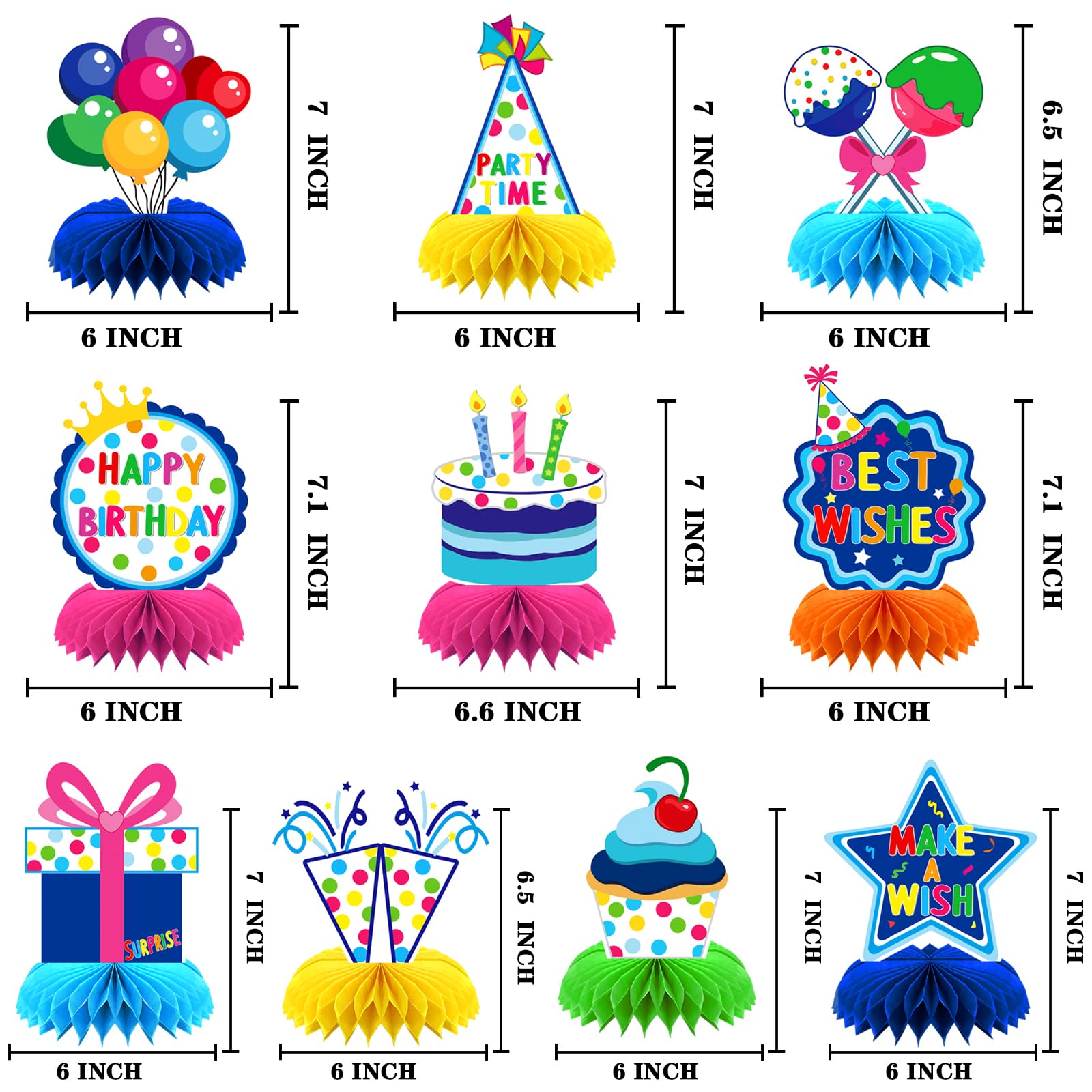 10 Pieces Happy 6 years old Birthday Decorations Set,3D Table Toppers Double Sided Stand Cards for Birthday Party Supplies,Colorful Birthday Themed Honeycomb Centerpiece.