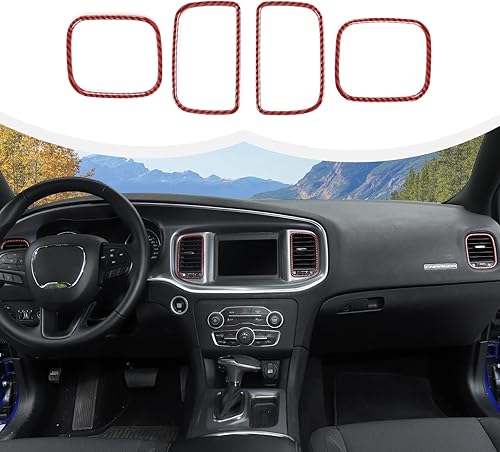 Hoolcar Cubierta de ventilación del panel de CA de control central de aire acondicionado para Dodge Charger 2011-2020, fibra de carbono roja
