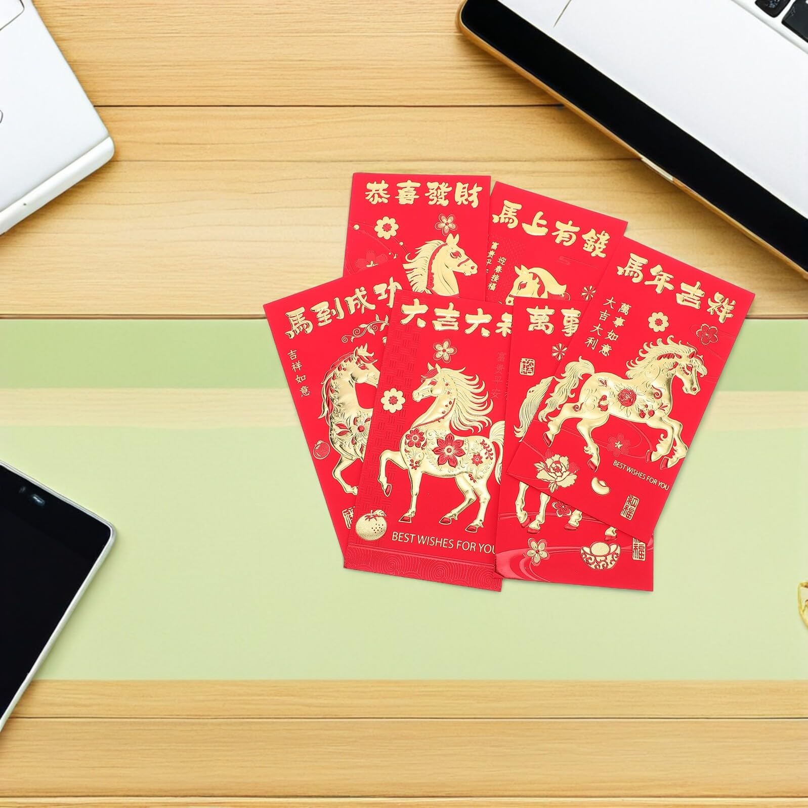 Homoyoyo 48 Stück Rote Umschläge Chinesisches Neujahrs-hongbao Papier-geldumschläge mit Pferde-motiv für Frühlingsfest Familienfeiern Traditionelle Glücksgeldumschläge