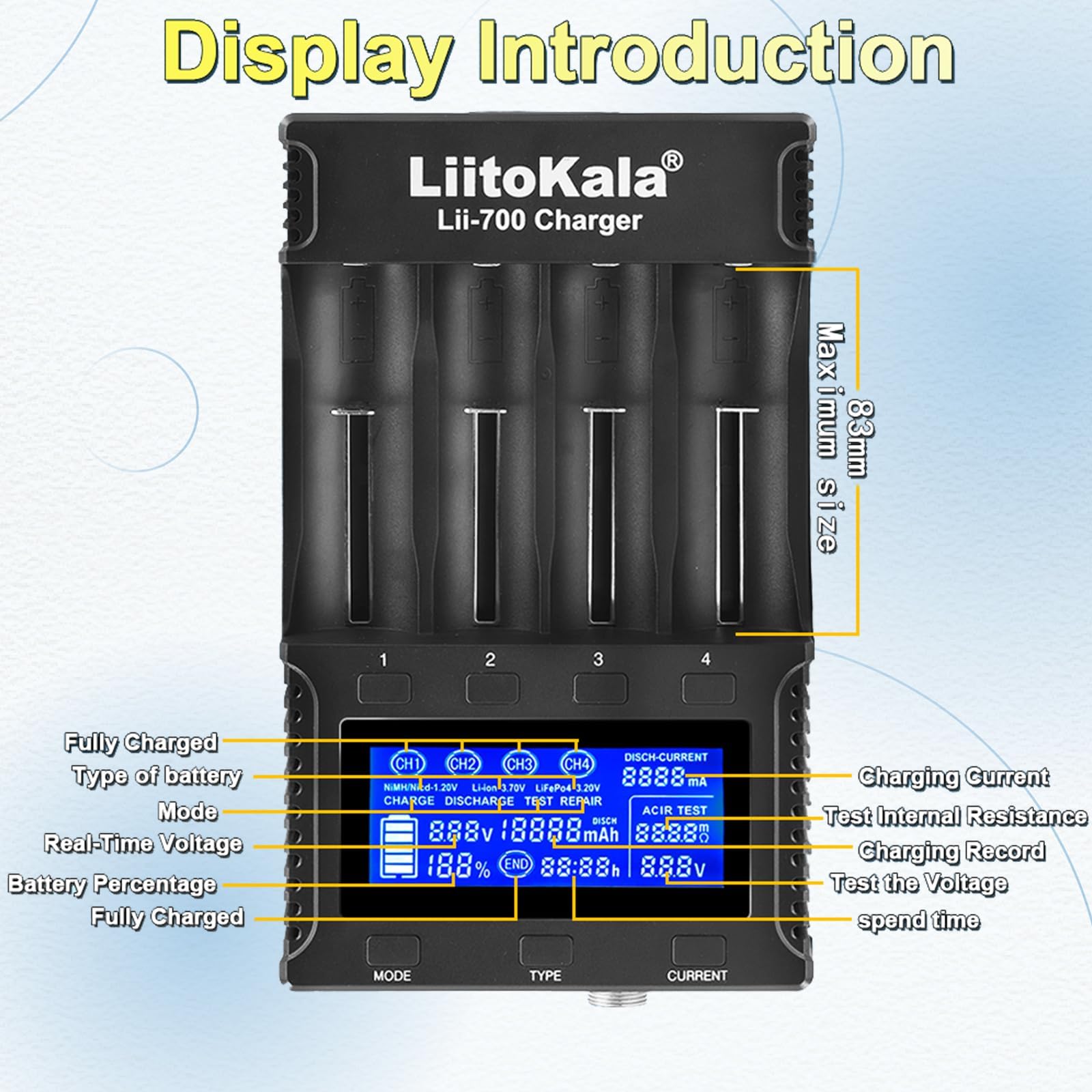 Cargador Inteligente Liitokala Lii-700 para batería de Ion de Litio, Prueba de Resistencia Interna, detección de Capacidad y Modo de reparación con Adaptador de 12 V 5 A 32700/26700/26650 AA y AAA