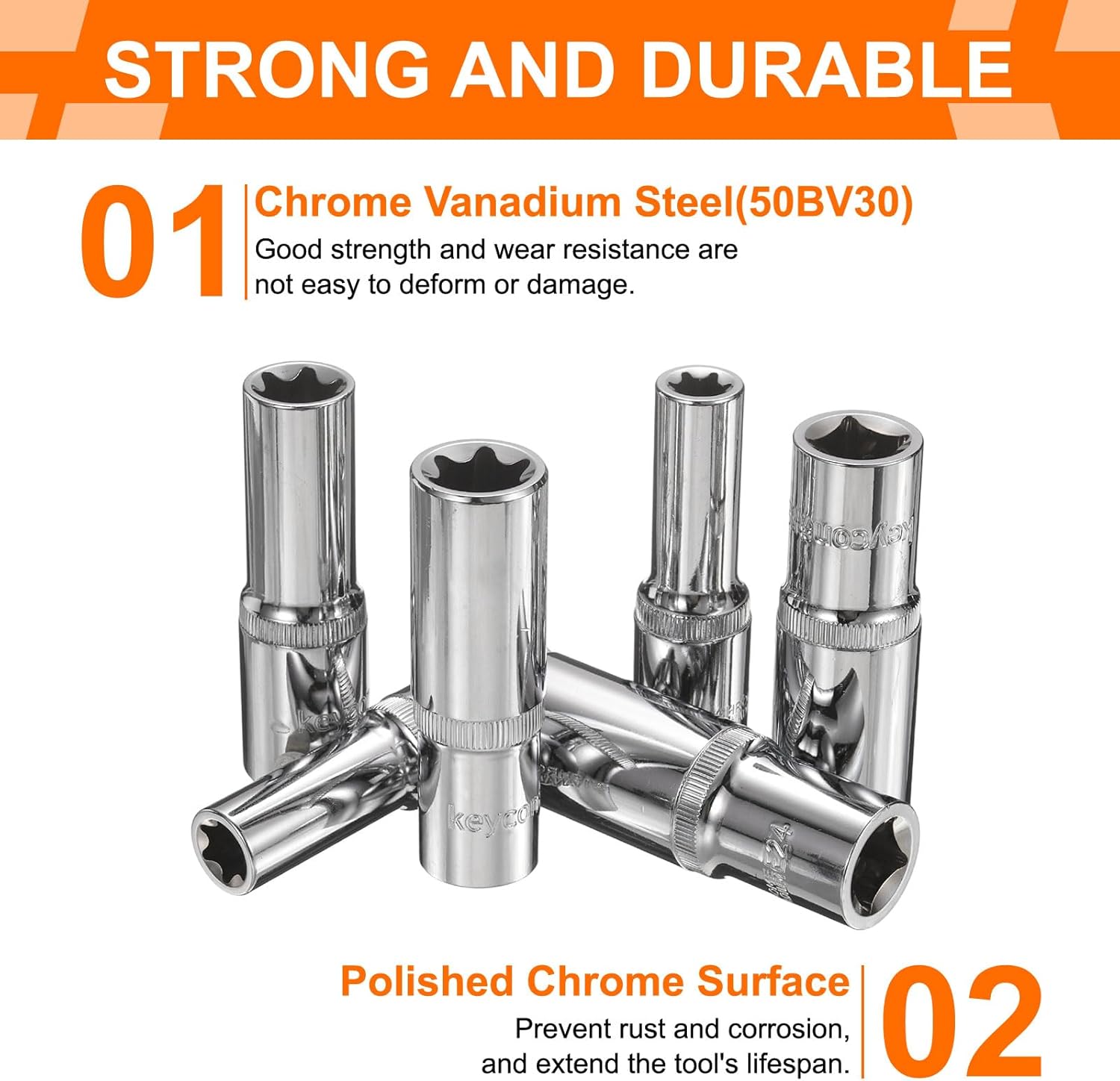 HARFINGTON 10pcs E-Torx Socket 1/2" Drive E8-E24 Star Female Socket 3.1" Length External Torx Deep Sleeve Chrome Plating 6 Point Spline Sleeve for Auto Repairs Home Maintenance