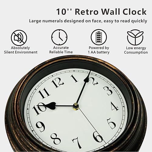 Miniatura 4 de Reloj de pared retro, reloj clásico vintage silencioso sin tictac de 10 pulgadas, fácil de leer, reloj de cuarzo de calidad que funciona con pilas,