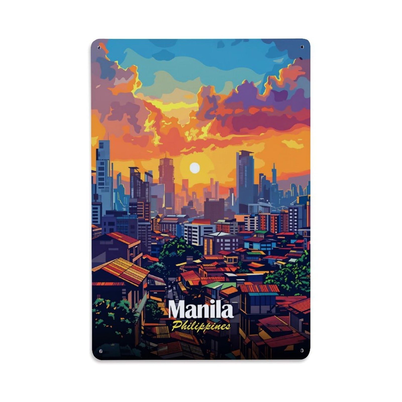 Jdfenggu Vintage Urban Skyline Sunset Cityscape Manila Retro Metal Tin Sign, Decor Art Poster For Bar, Home, Man Cave, Kitchen, Laundry Room Gift 8X12inch