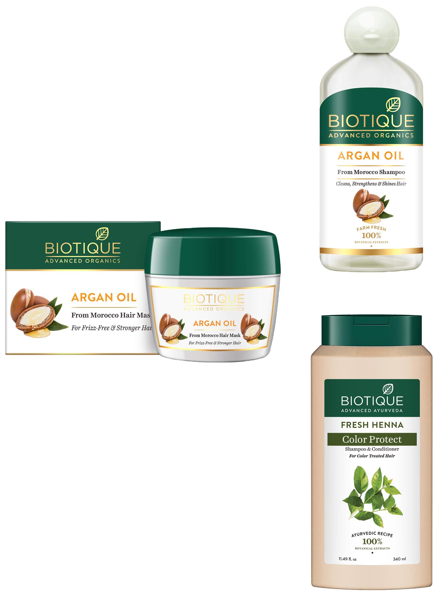 Biotique Argan Oil Hair Shampoo from Morocco (Cleans, Strengthens and Shines Hair), 300ml&Biotique Argan Oil Hair Mask&Biotique Fresh Henna Color Protect Shampoo & Conditioner, 340ml