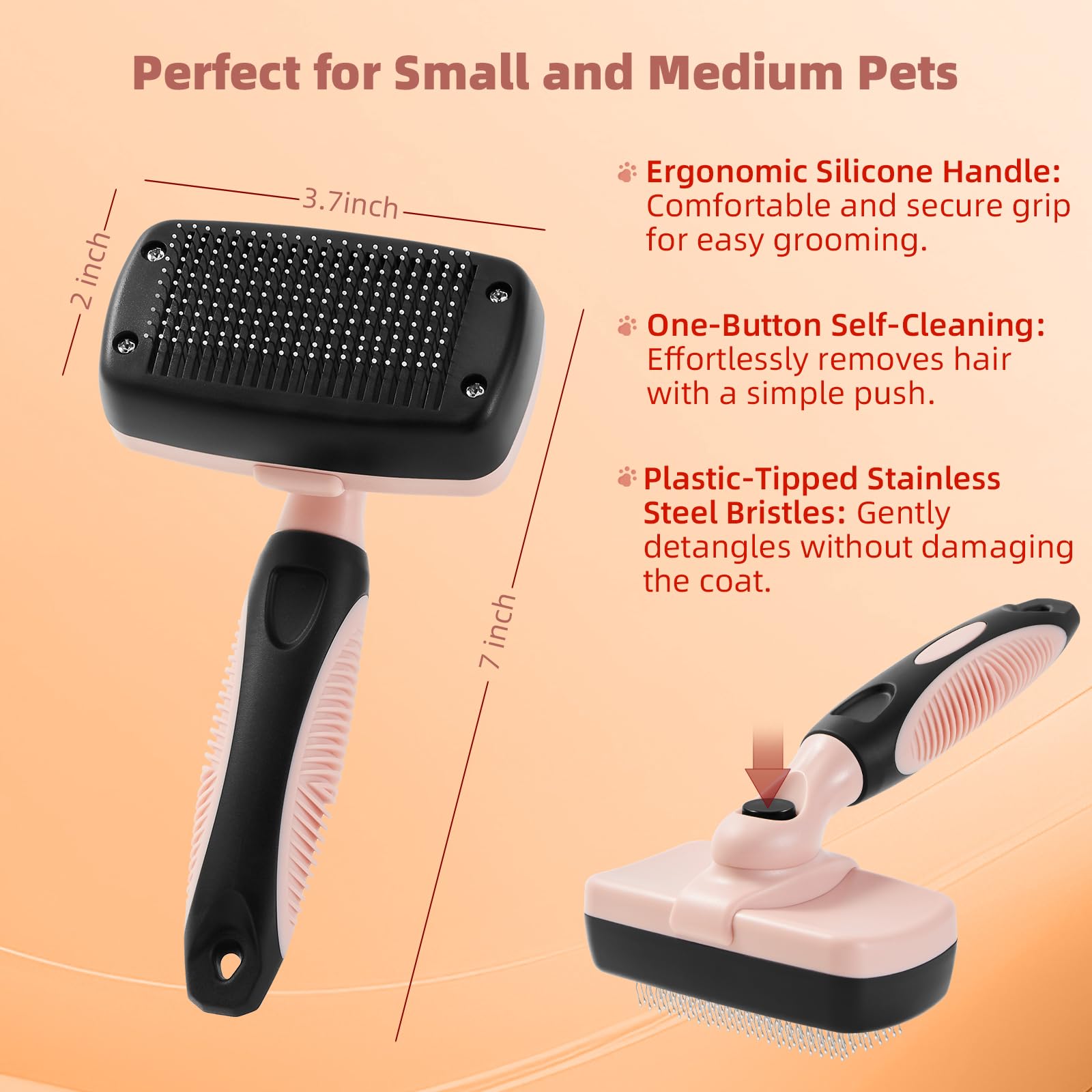 Kit de aseo para mascotas de 3 piezas: cepillo autolimpiante, peine antiestera y cepillo de baño para gatos y perros pequeños y medianos (rosa)