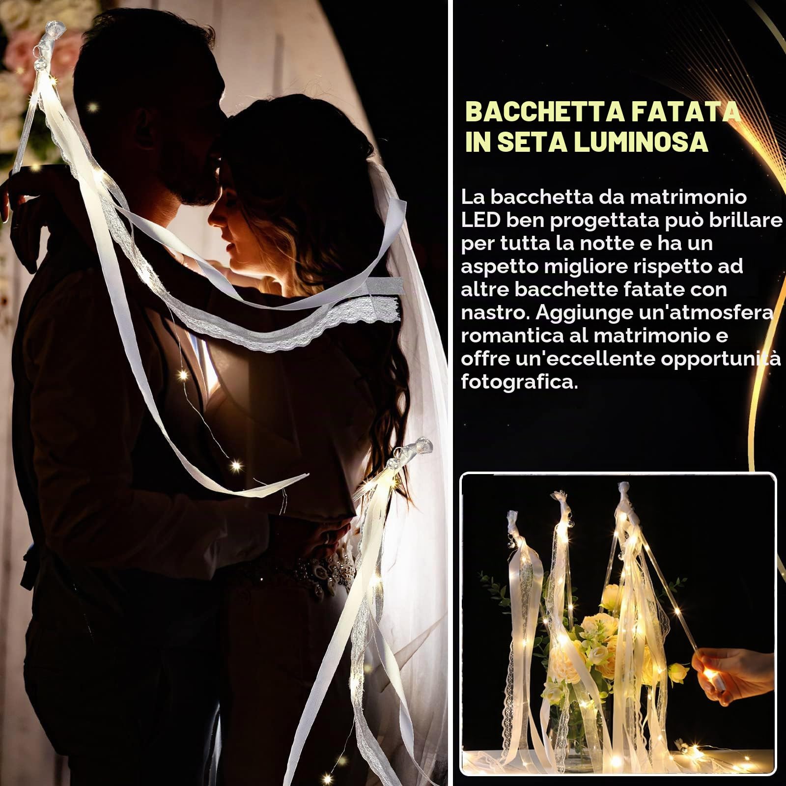 Bacchette Magiche per Matrimonio con Bagliore di Luce LED, Bacchetta Magica con Campana, Matrimonio Nastro, Bacchette da Sposa, Bacchette Nuziali, Bacchette di Pizzo Romantiche con Nastri Nuziali