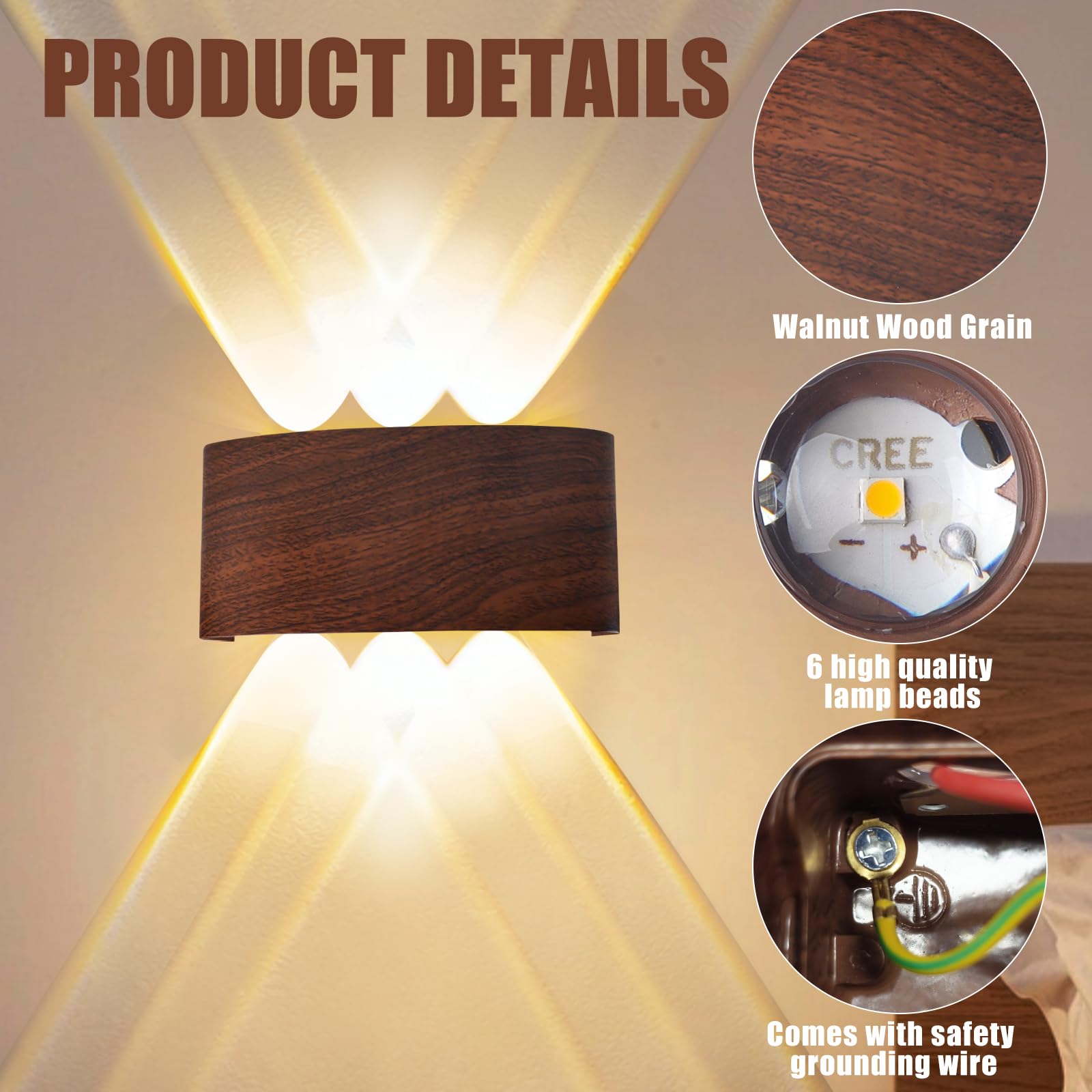 2 pezzi Lampada da Parete Interno Esterno 6W Bianco Caldo 3000K Lampada LED da Muro Moderna in Alluminio Aspetto Legno IP65 Impermeabile Applique da Parete per Camera da Letto Balcone Corridoio