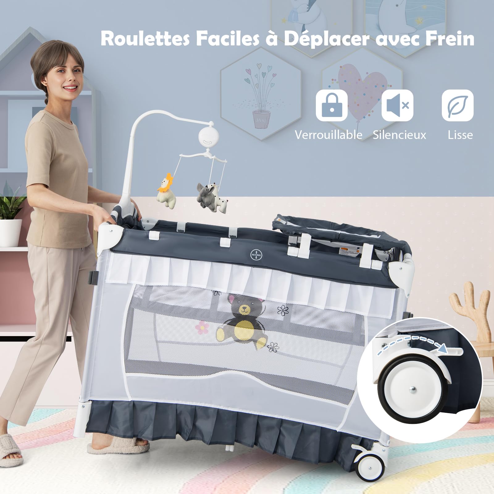 DREAMADE 4 en 1 Lit Parapluie Bébé 117X78X190CM avec Matelas&Moustiquaire,Lit de Voyage Bébé 0-3Ans avec Table à Langer,Roues avec Frein,Jouet Suspendues (Gris)