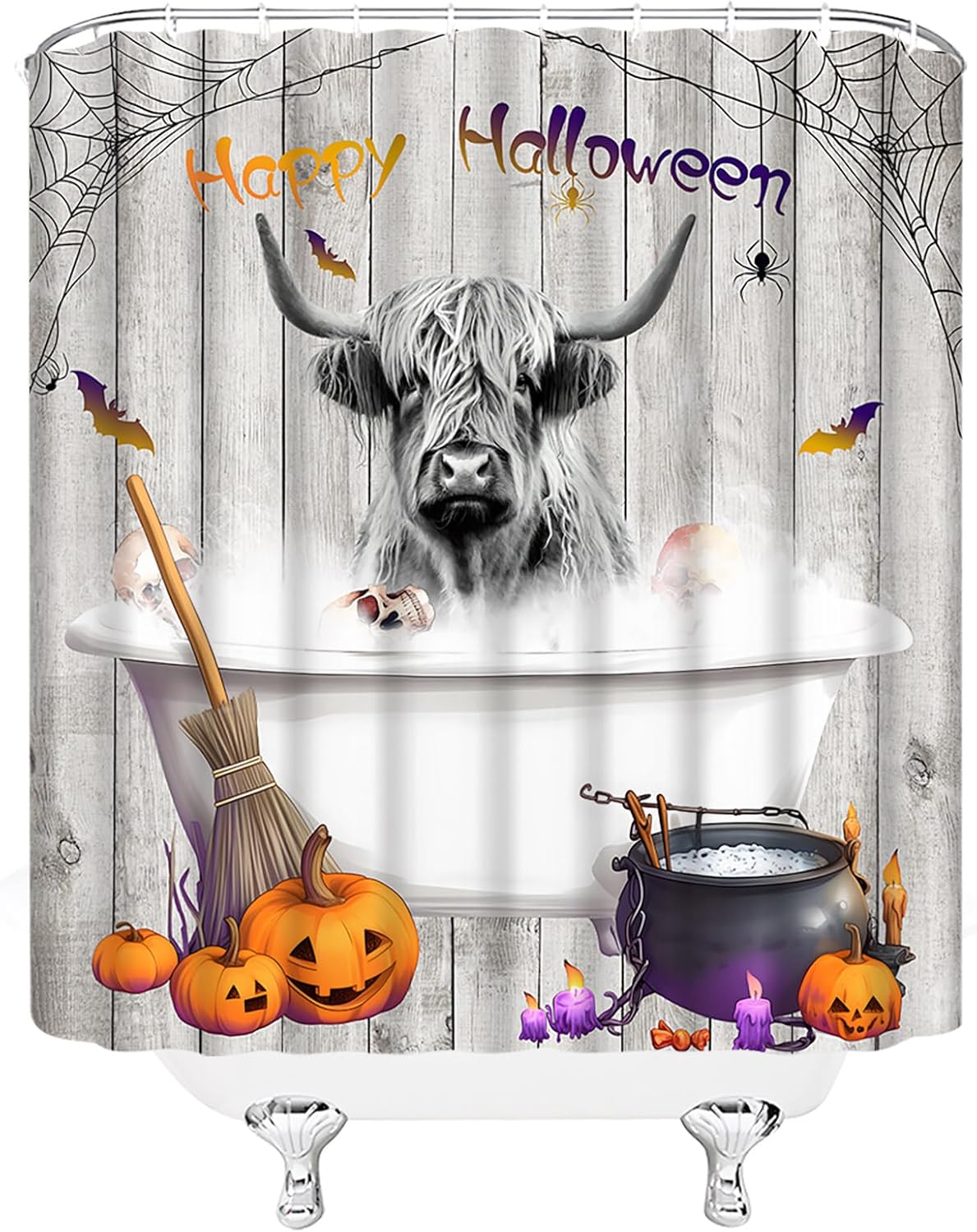 Halloween Extra Long Shower Curtain,Funny Highland Cow Wooden Witchy Longhorn Scary Festival Farmhouse Animal Rustic Gray Bathroom Home Curtain Decor with Hooks,70x78 Inch