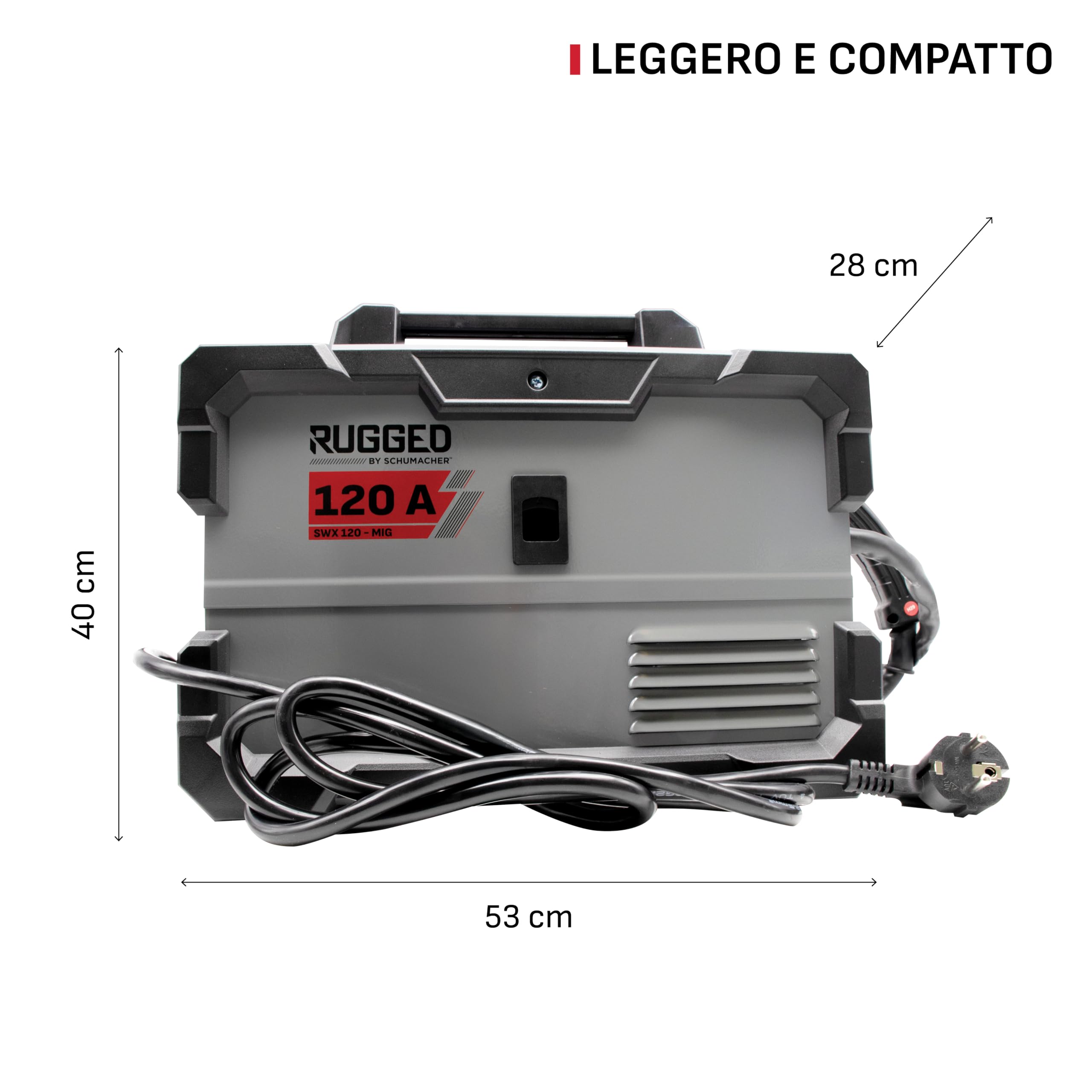 Schumacher Electric - SWX 120: saldatrice MIG con inverter da 120 A, senza gas, 230 V – Torcia MIG Direct + MMA – Filo tubolare da Ø 0,6–0,9 mm – Elettrodi da Ø 1,6–3,2 mm – Display LCD – 2 rulli