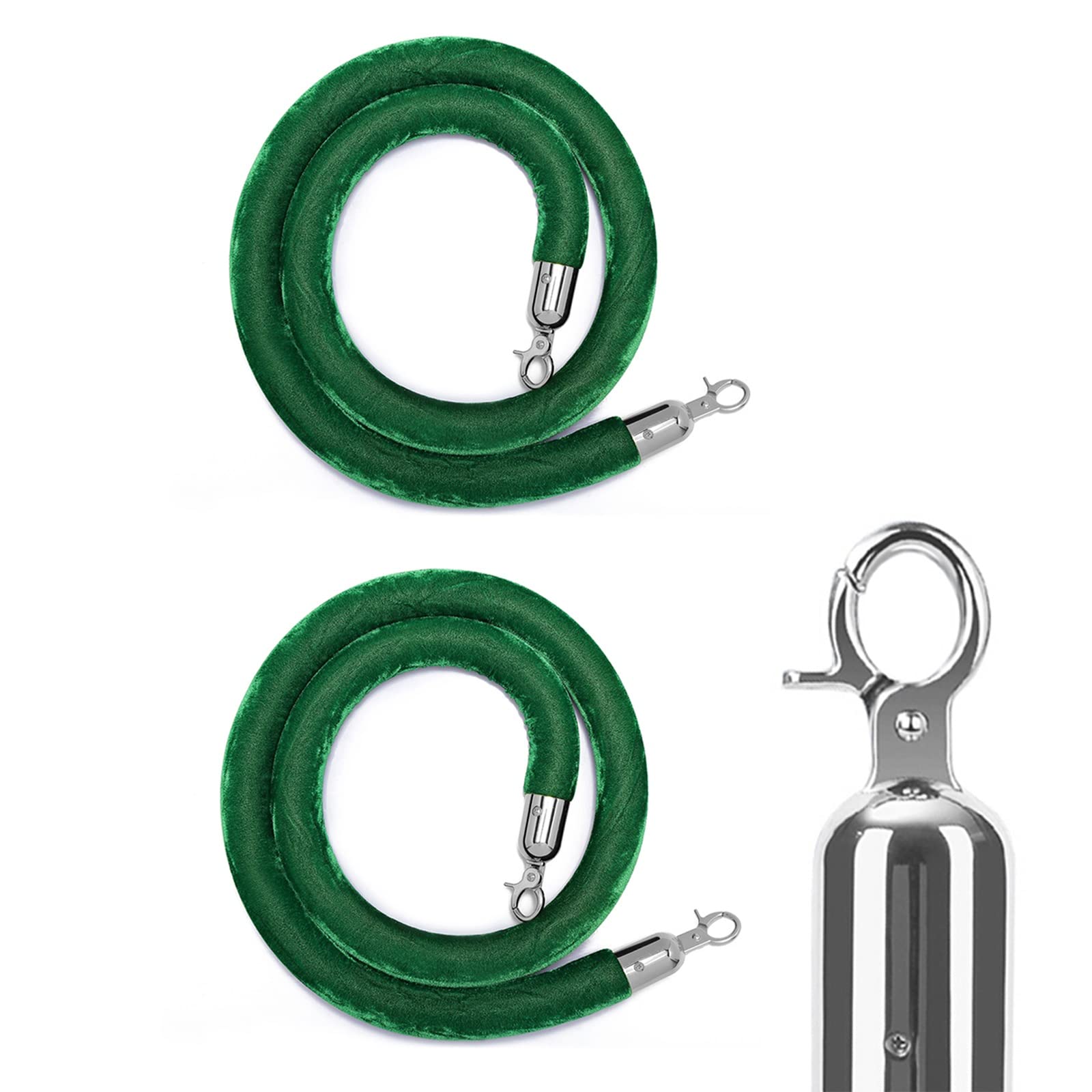 Corde de barrière verte en velours de 1,9 m avec crochets argentés pour guidage de foule | Lot de 2